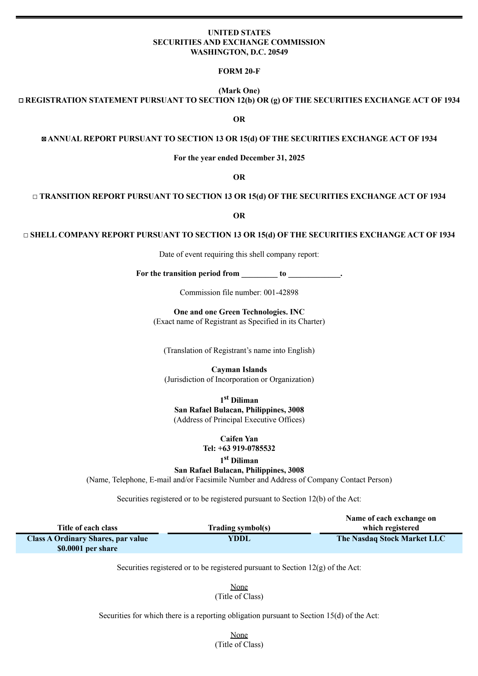 One and One Green Technologies. Inc Class A Ordinary Shares' Q4 2025 Annual report