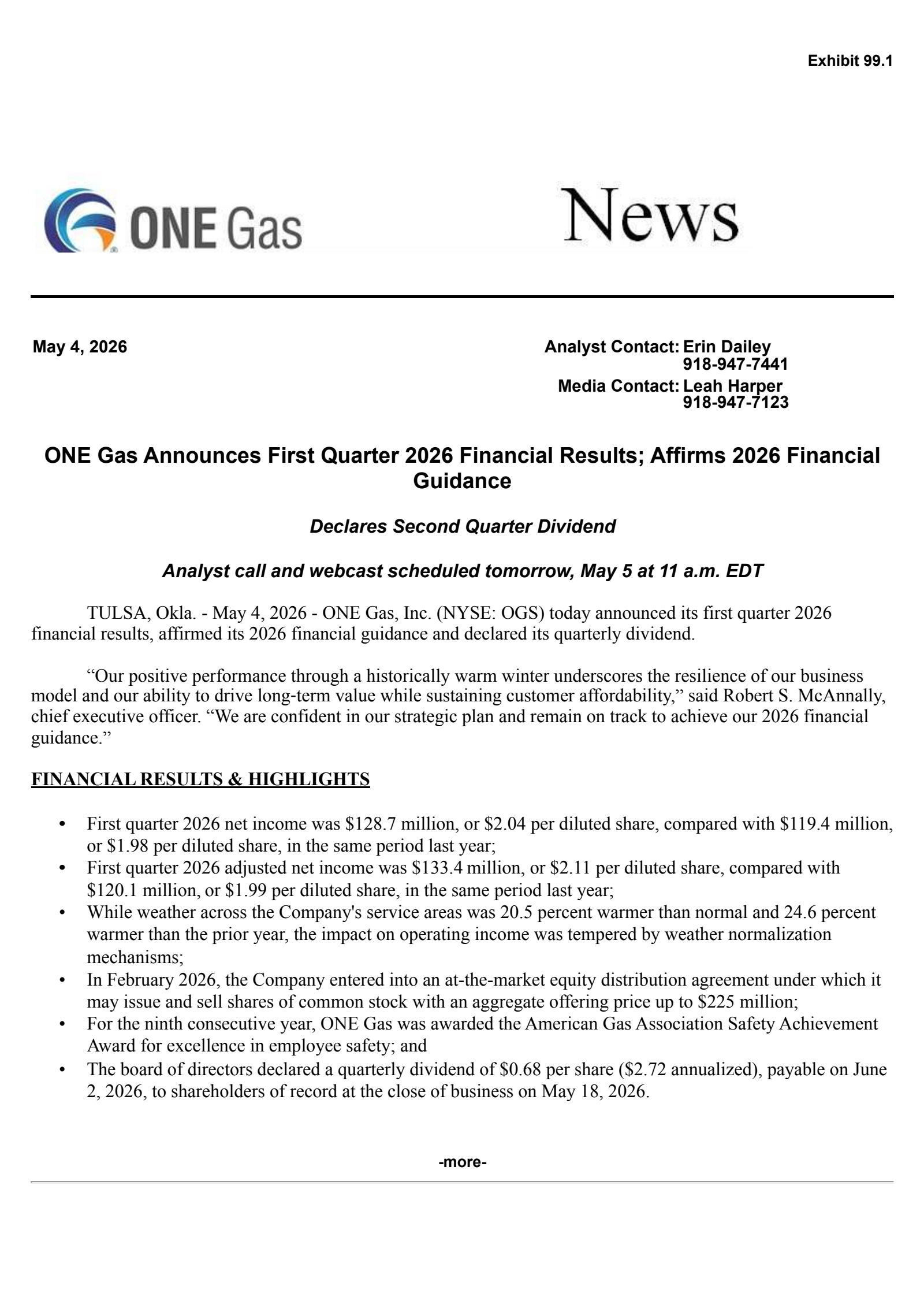 ONE Gas' Q1 2026 Press Release