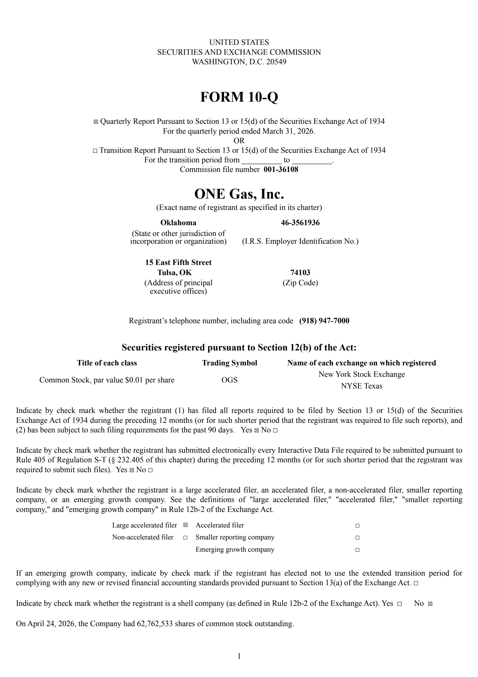 ONE Gas' Q1 2026 Quarterly report