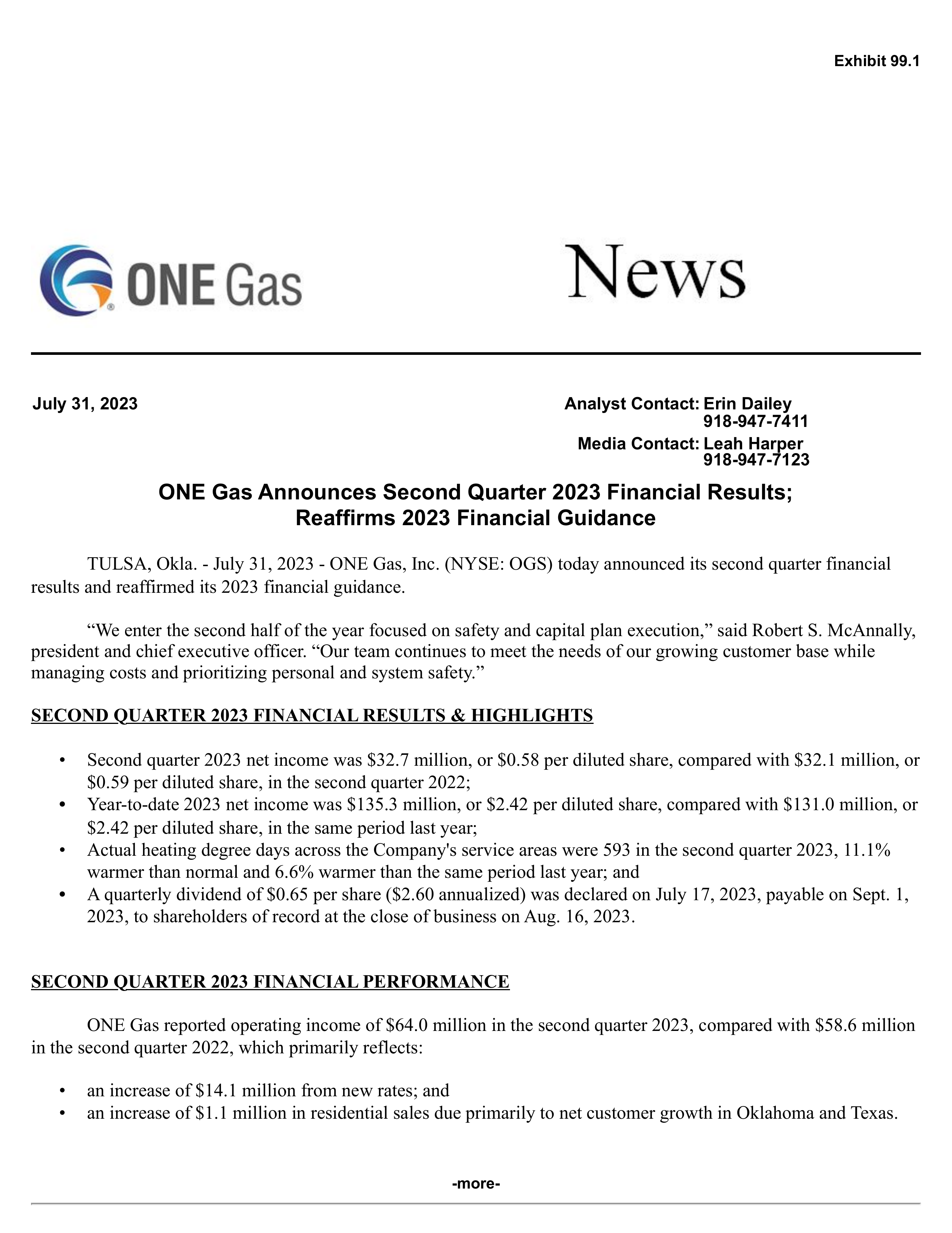ONE Gas' Q2 2023 Press Release