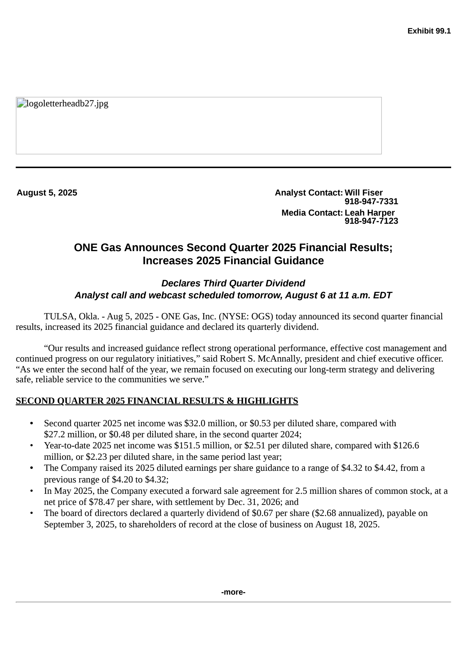 ONE Gas' Q2 2025 Press Release