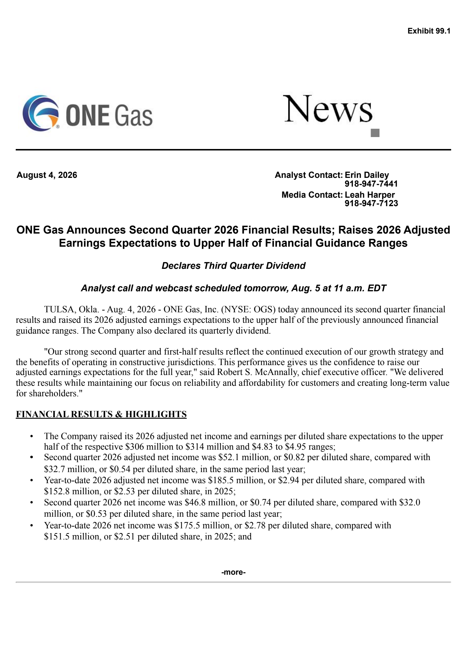 ONE Gas' Q2 2026 Press Release