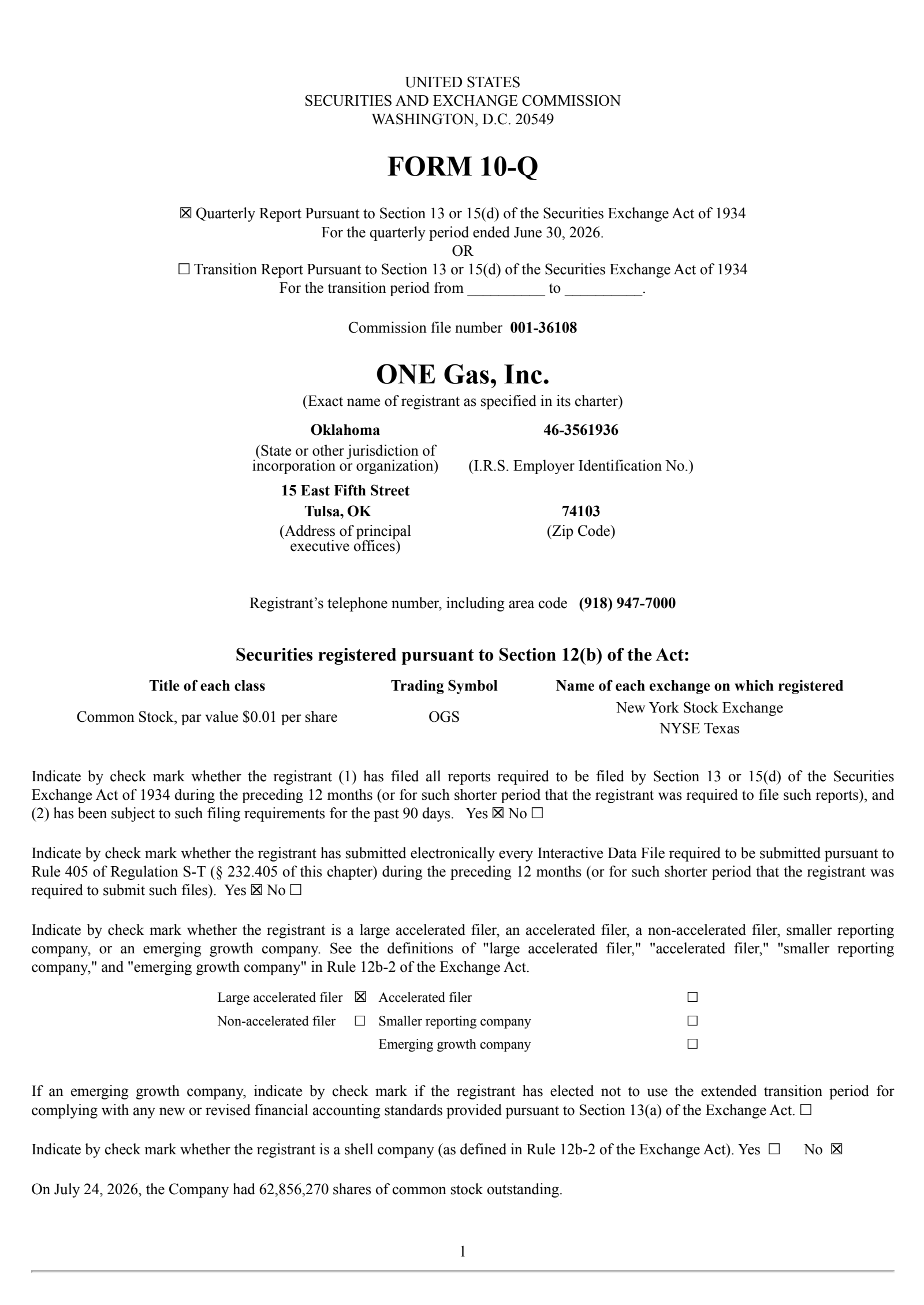 ONE Gas' Q2 2026 Quarterly report