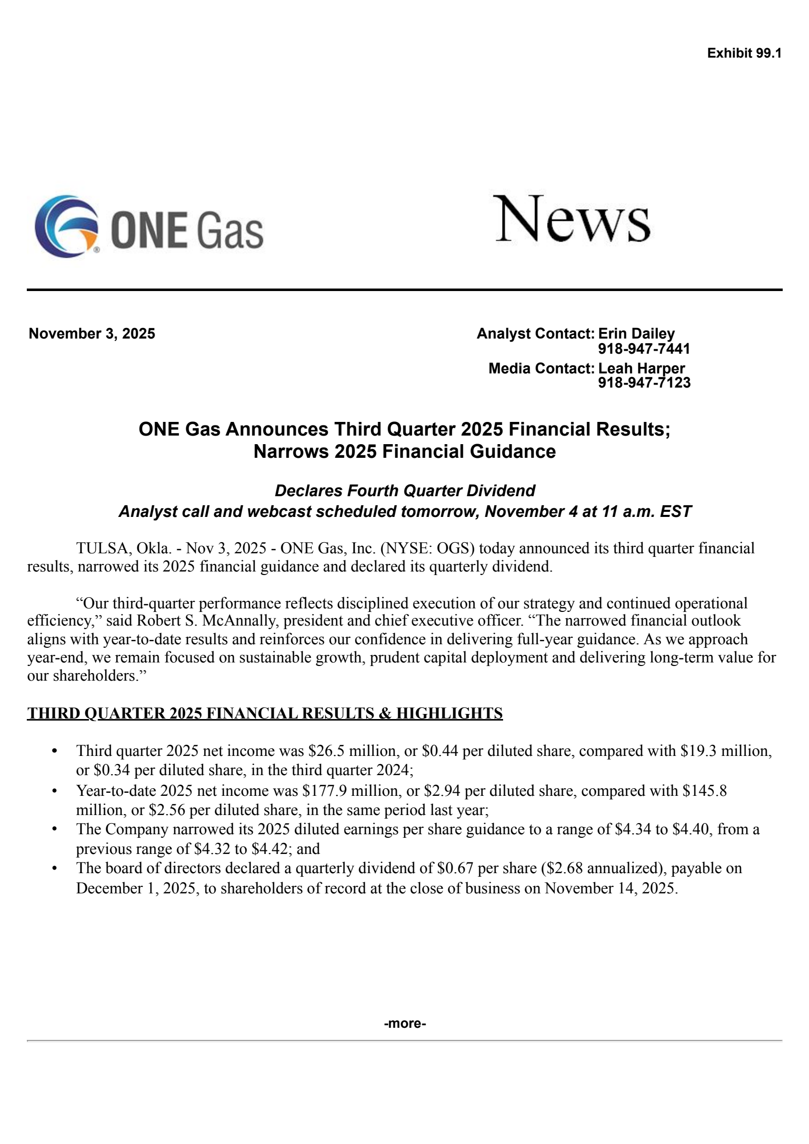 ONE Gas' Q3 2025 Earnings Release