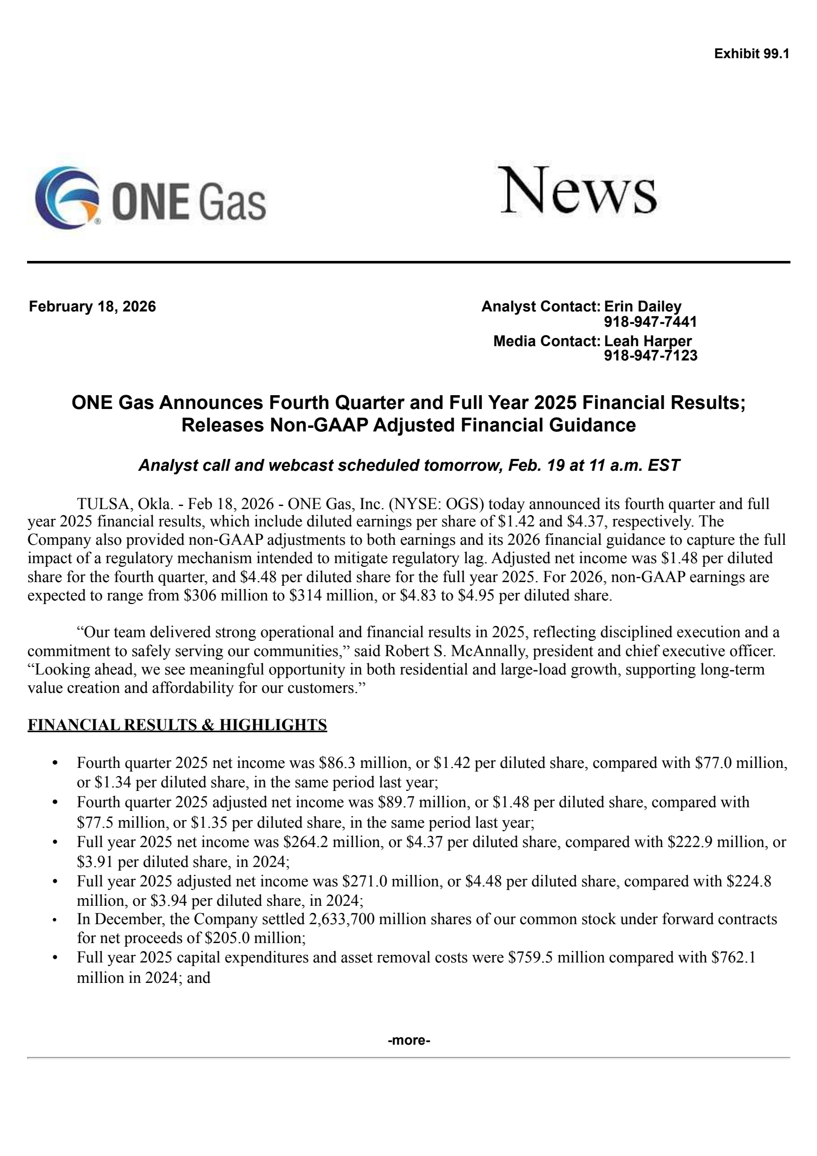 ONE Gas' Q4 2025 Press Release