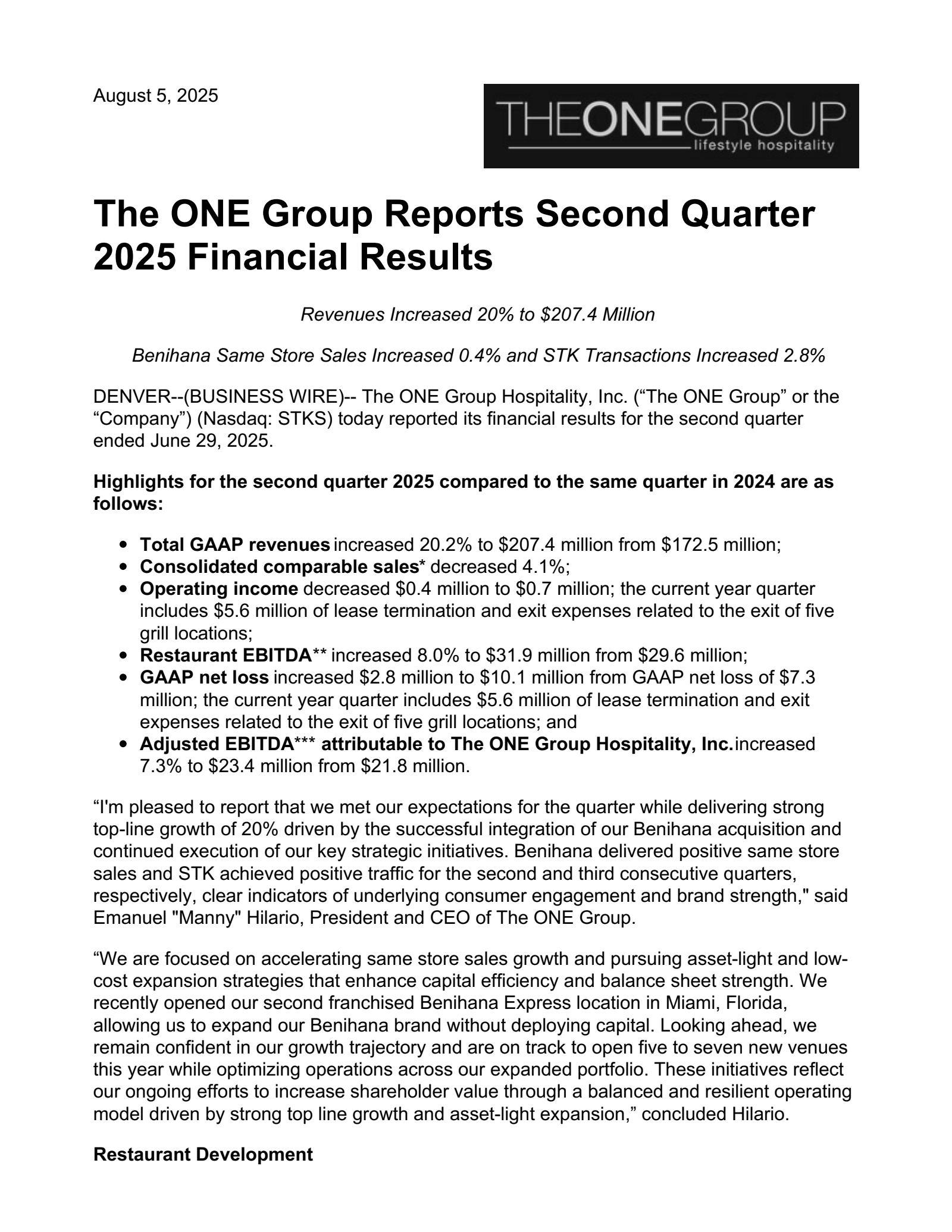 ONE Group Hospitality's Q2 2025 Press Release