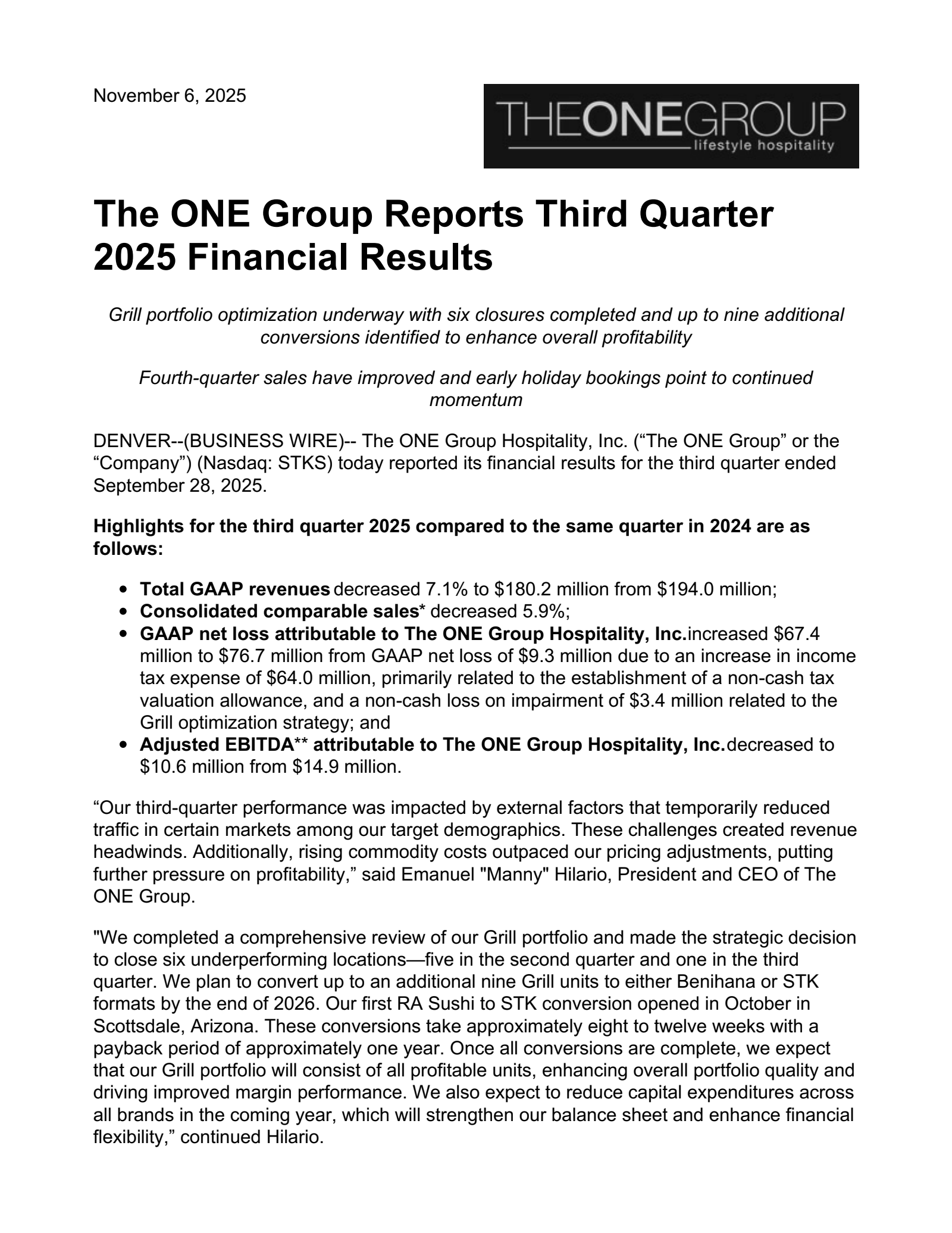 ONE Group Hospitality's Q3 2025 Earnings Release
