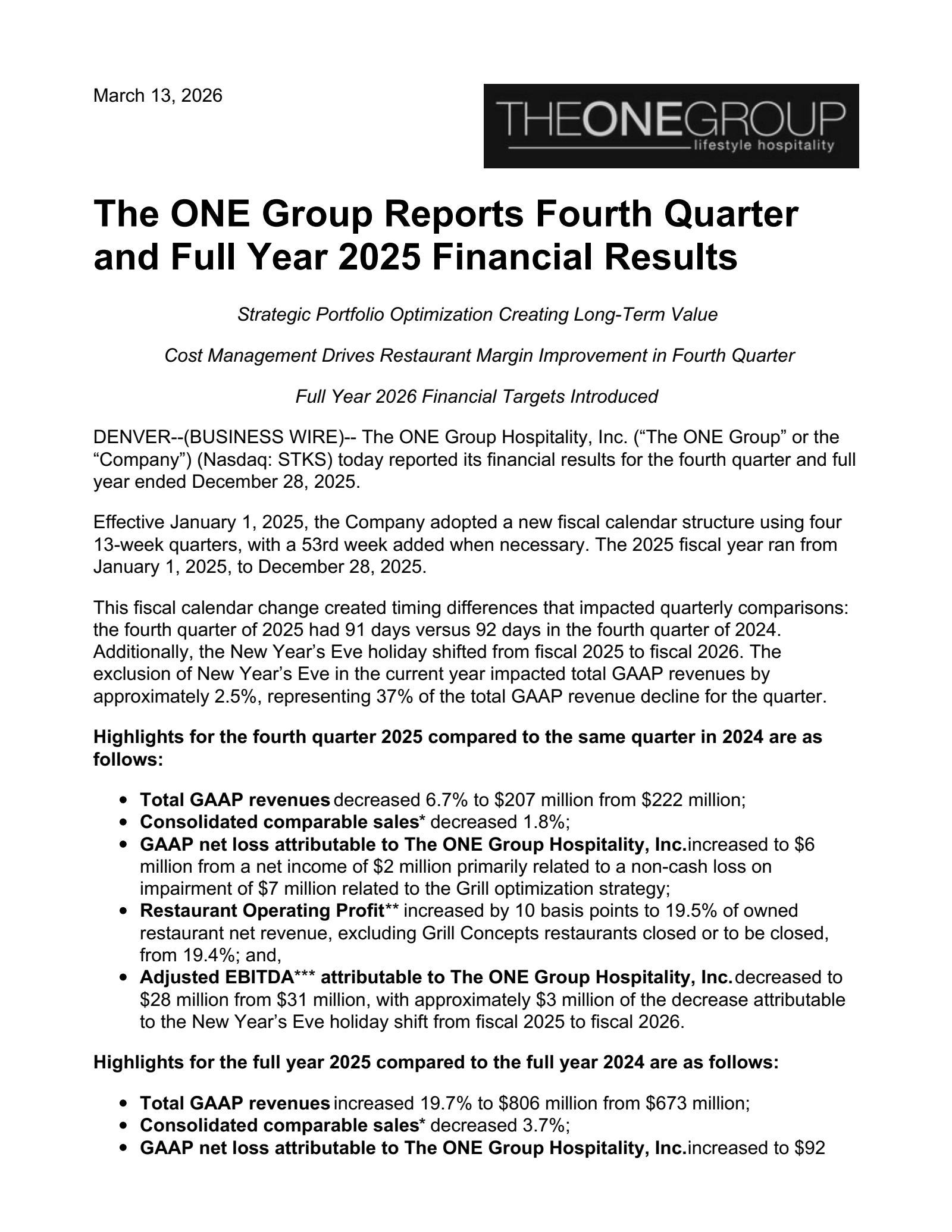 ONE Group Hospitality's Q4 2025 Press Release