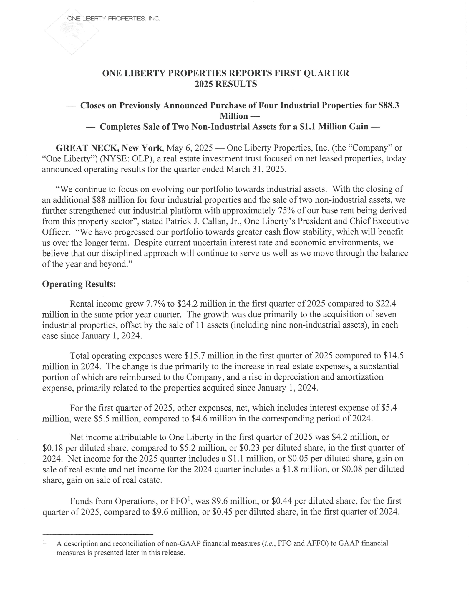 One Liberty Properties' Q1 2025 Press Release