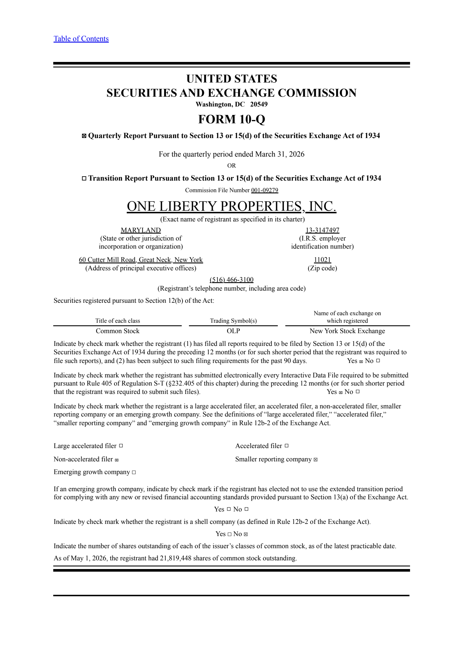 One Liberty Properties' Q1 2026 Quarterly report