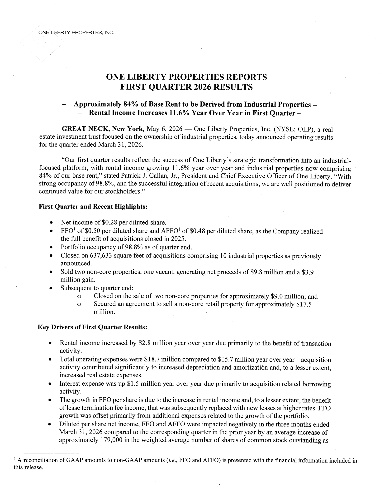 One Liberty Properties' Q1 2026 Press Release