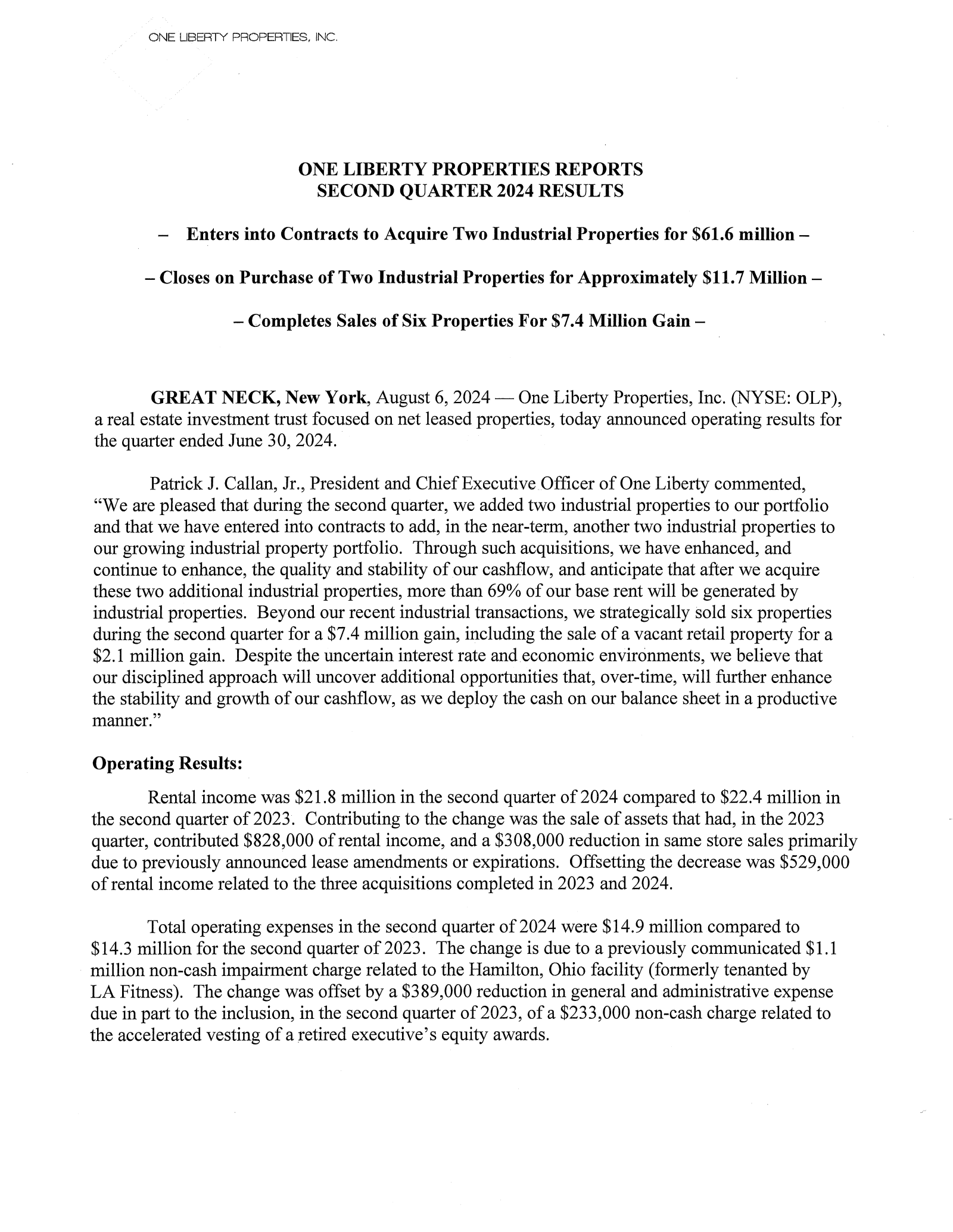 One Liberty Properties' Q2 2024 Press Release