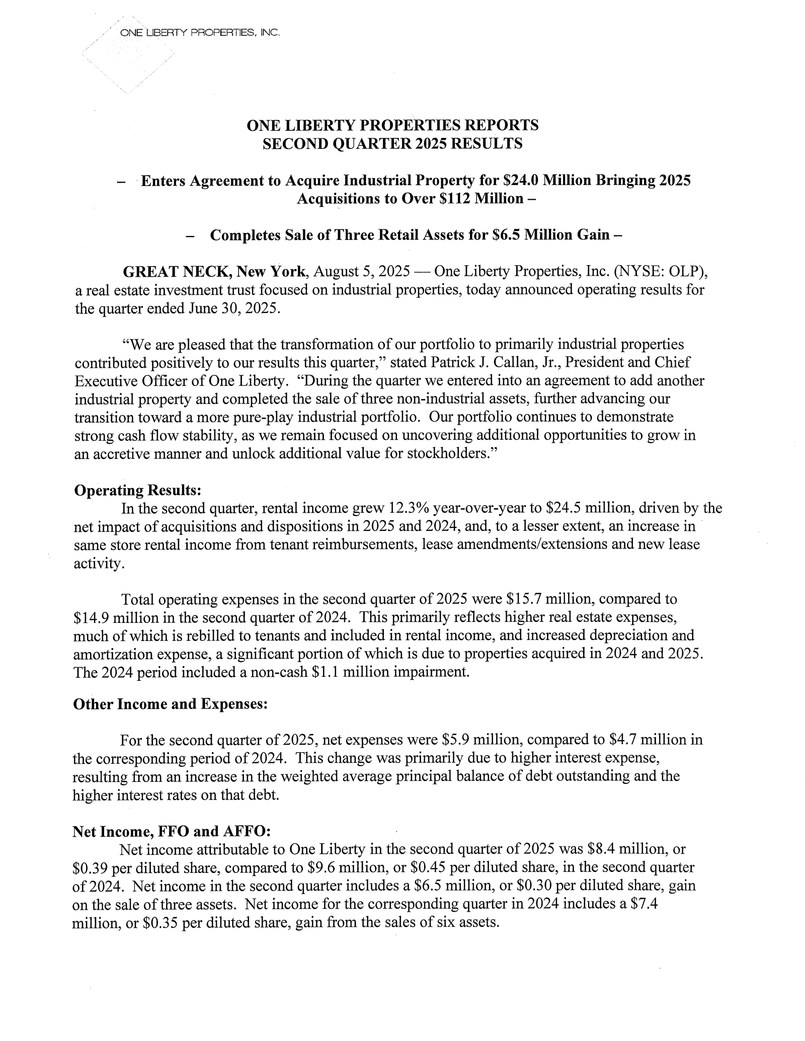 One Liberty Properties' Q2 2025 Press Release