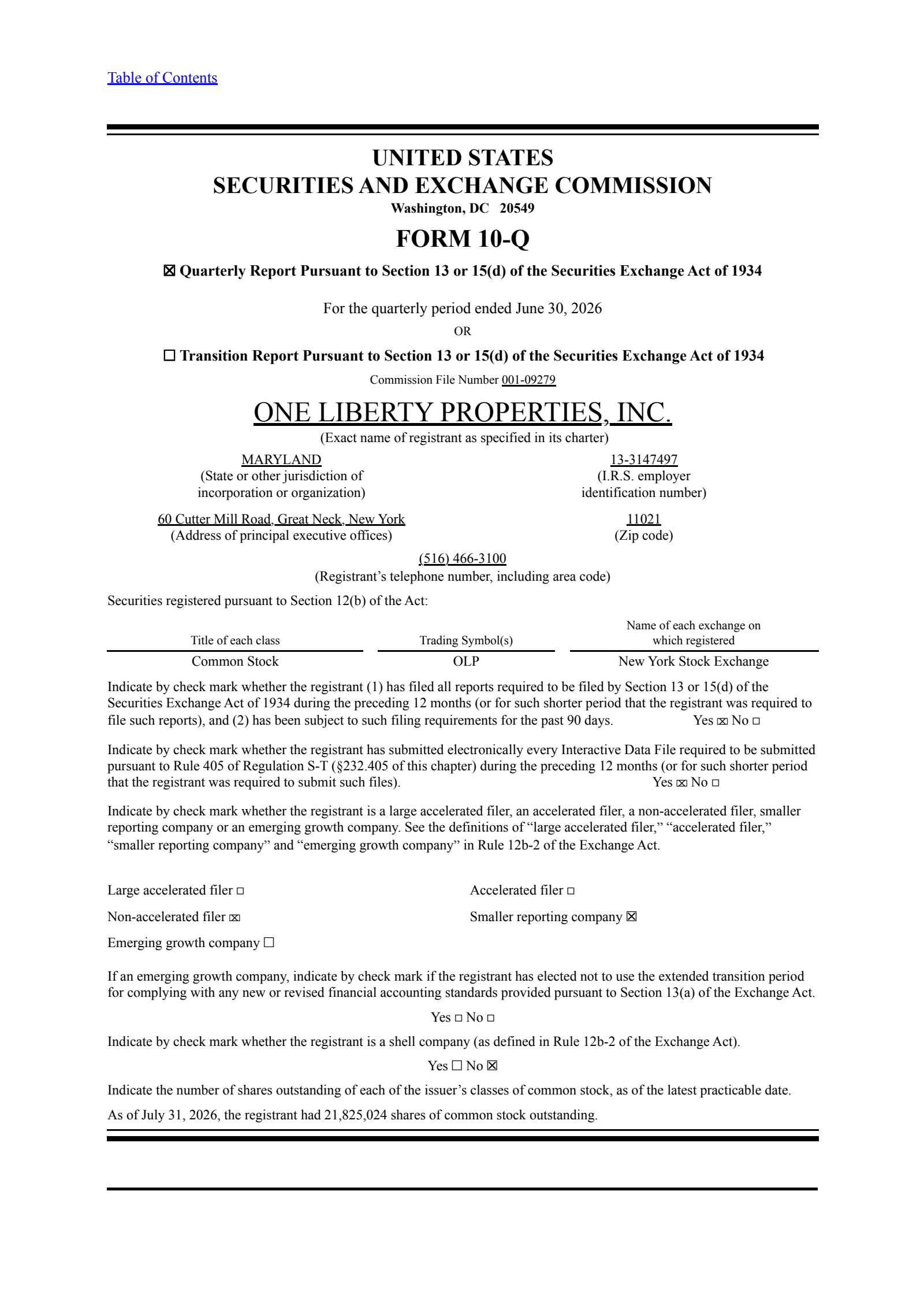 One Liberty Properties' Q2 2026 Quarterly report