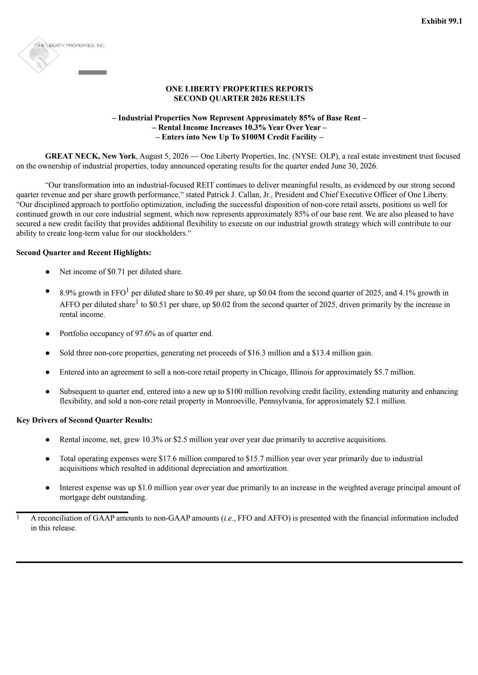 One Liberty Properties' Q2 2026 Press Release