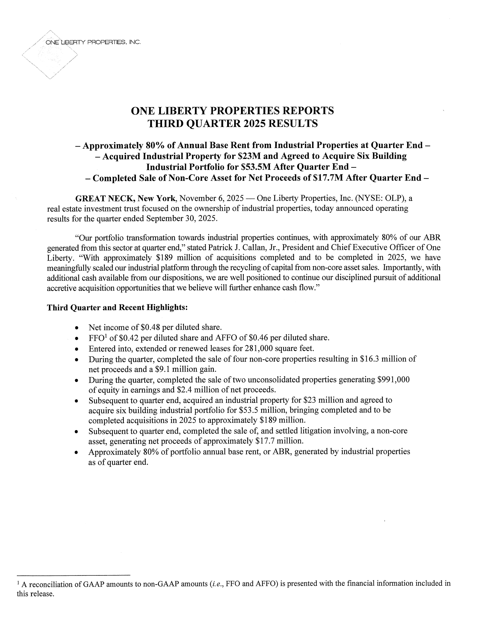One Liberty Properties' Q3 2025 Press Release