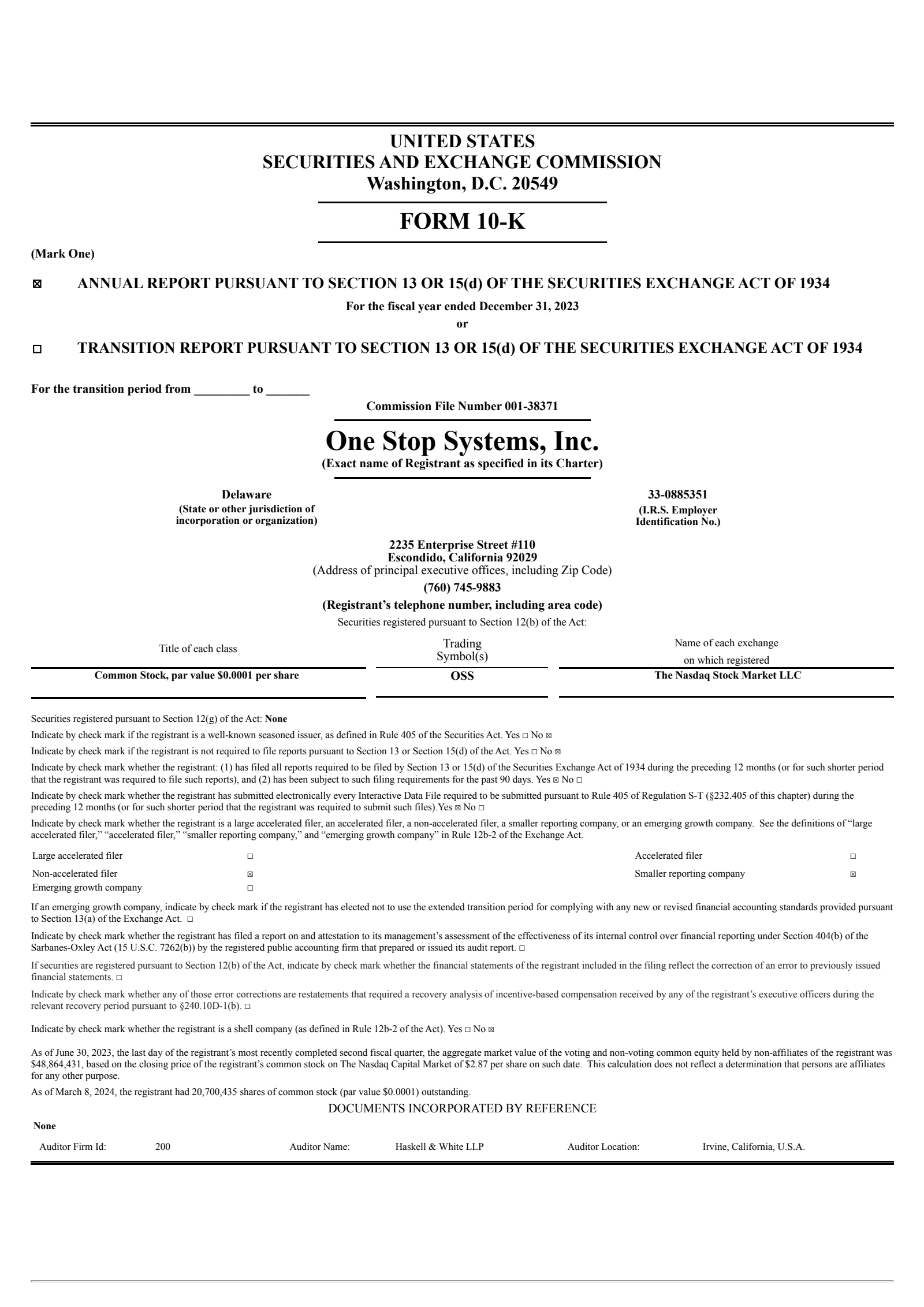 One Stop Systems' Q4 2023 Annual report