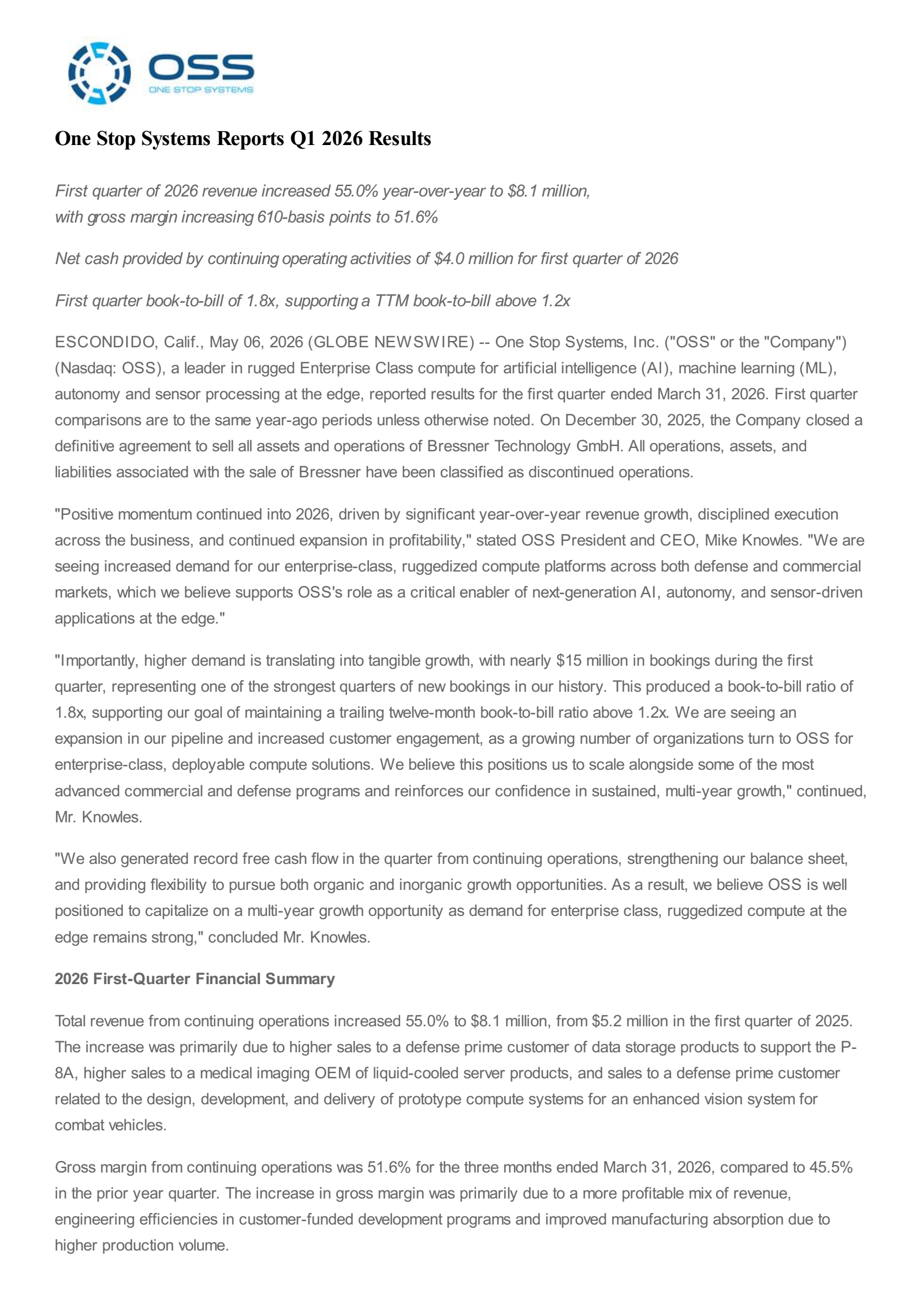 One Stop Systems' Q1 2026 Press Release