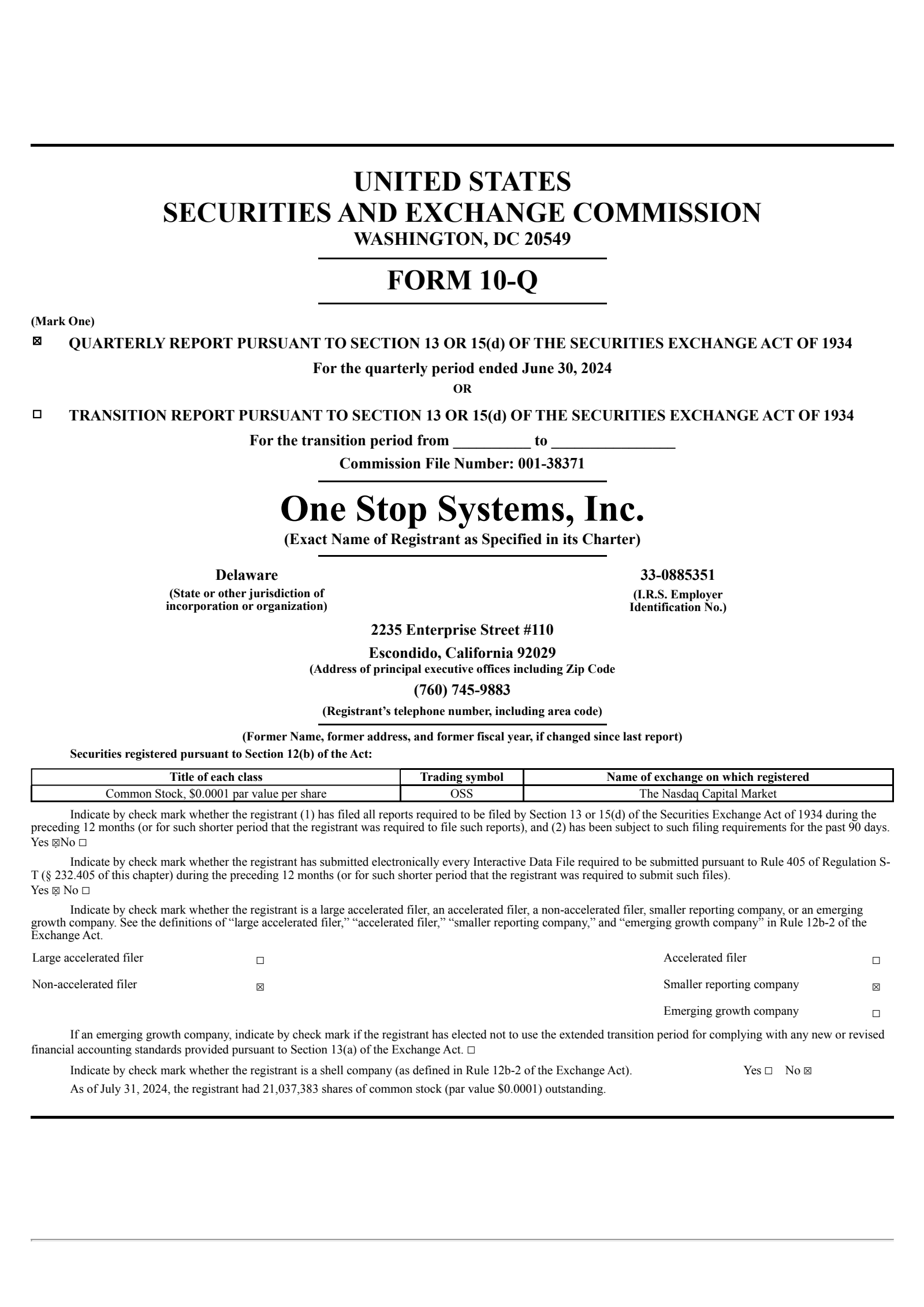 One Stop Systems' Q2 2024 Quarterly report