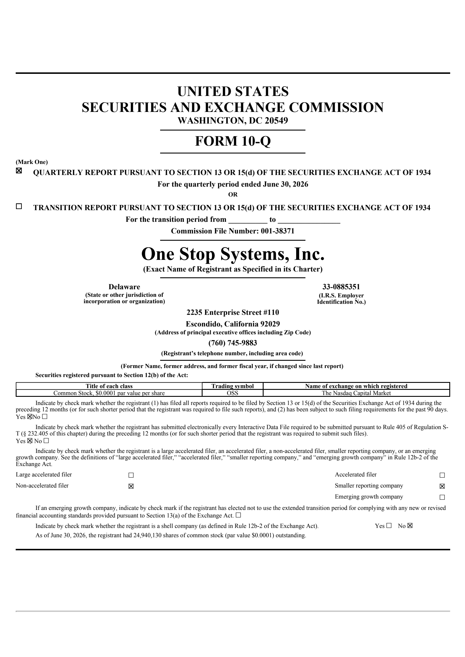 One Stop Systems' Q2 2026 Quarterly report