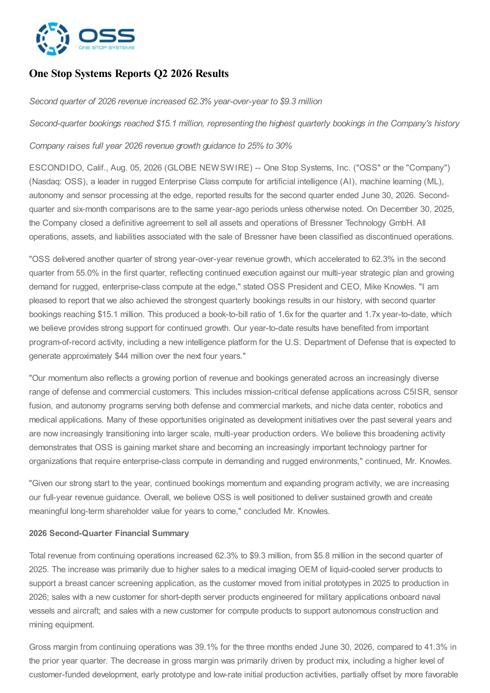 One Stop Systems' Q2 2026 Press Release