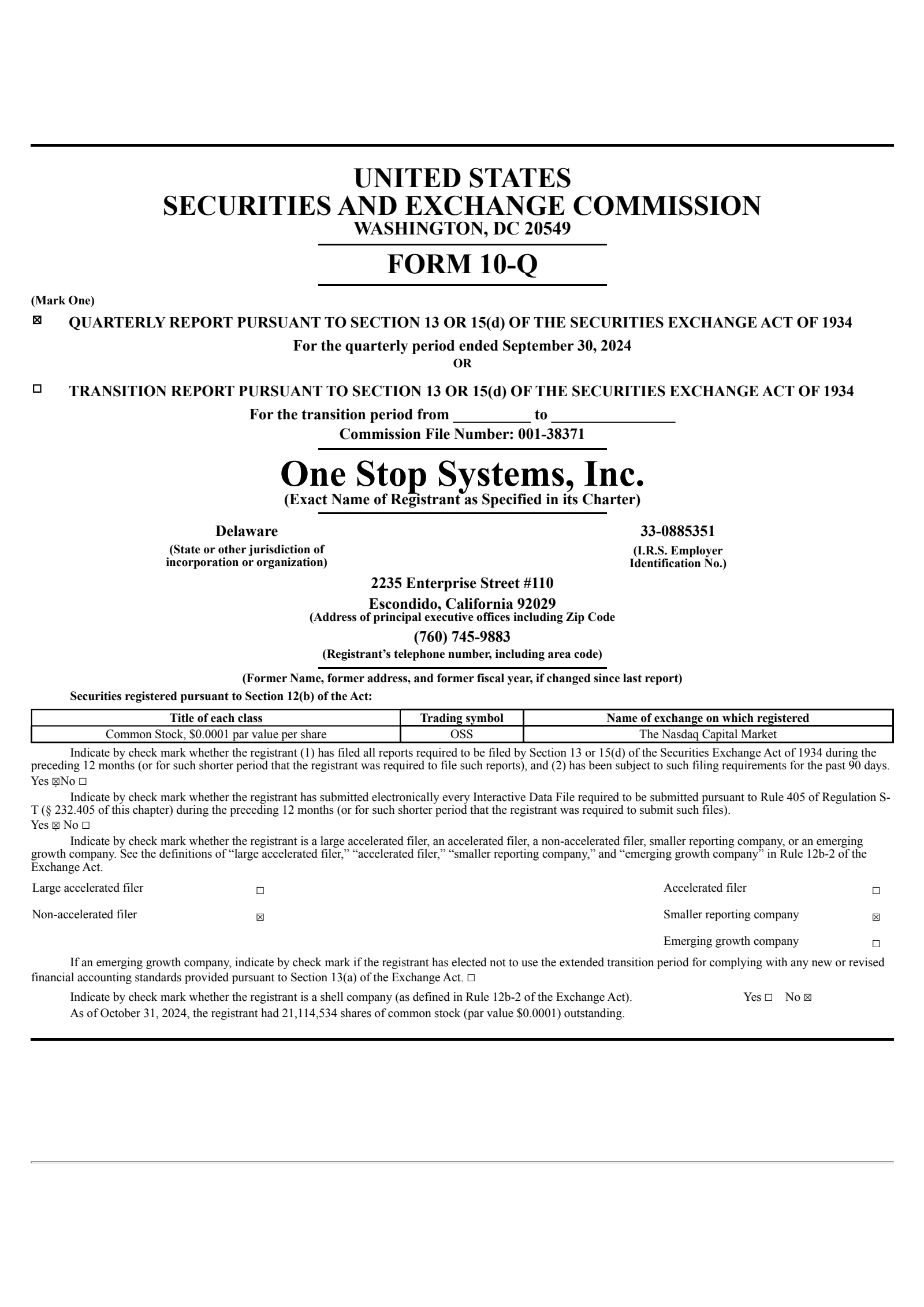 One Stop Systems' Q3 2024 Quarterly report