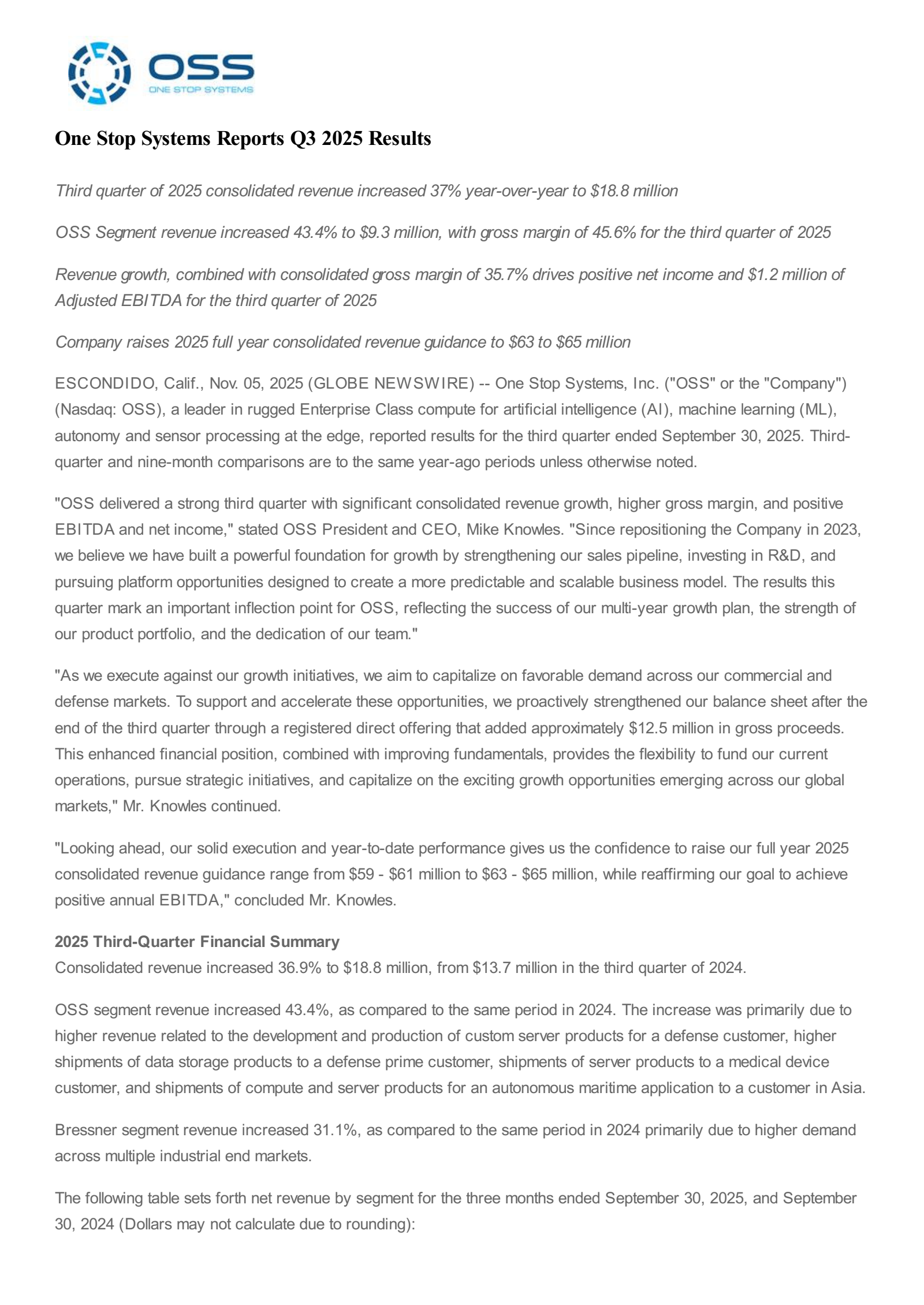One Stop Systems' Q3 2025 Earnings Release