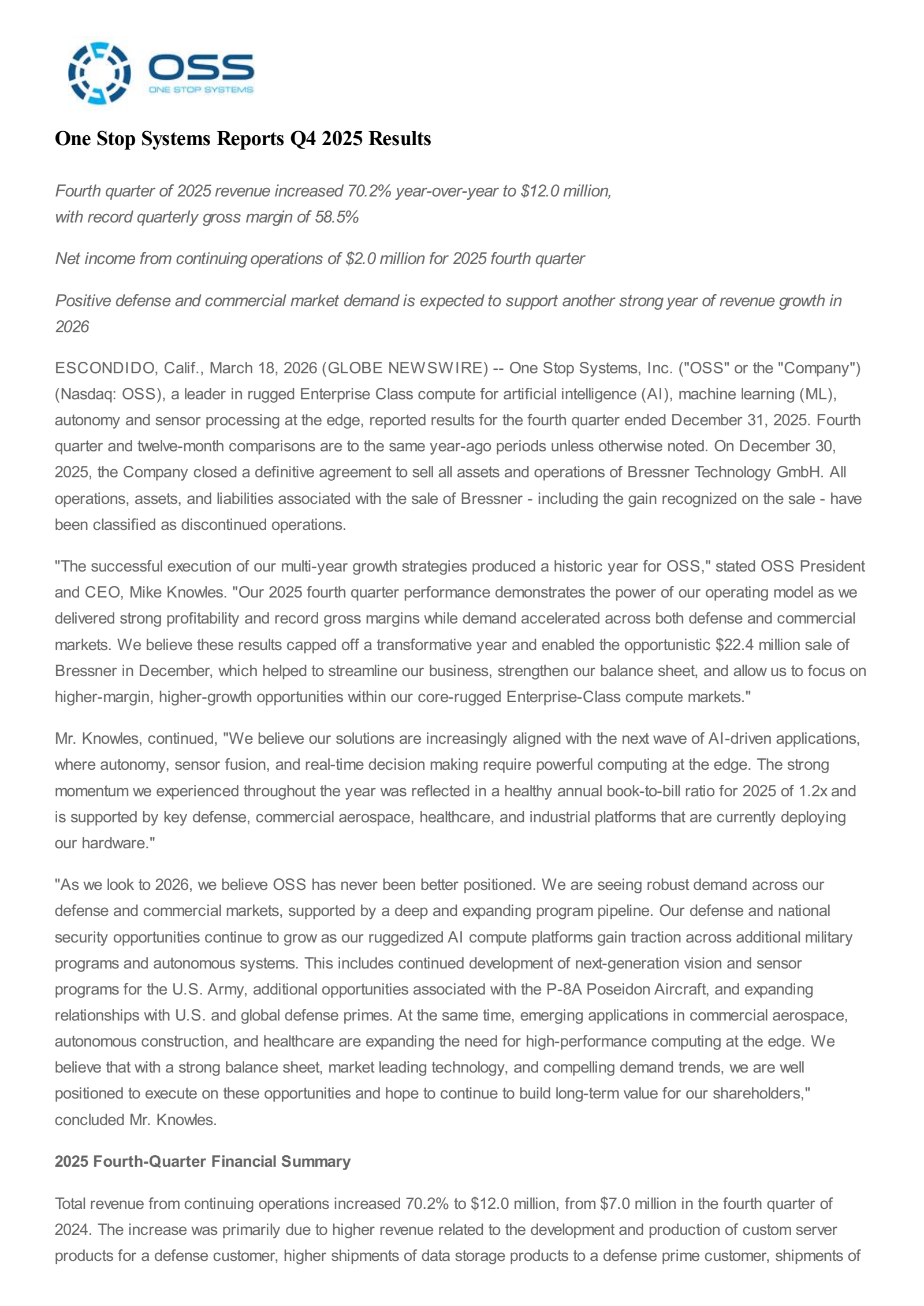 One Stop Systems' Q4 2025 Press Release