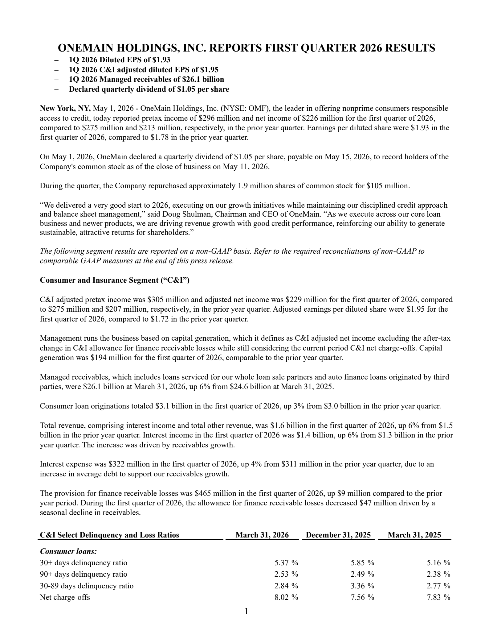 OneMain's Q1 2026 Press Release
