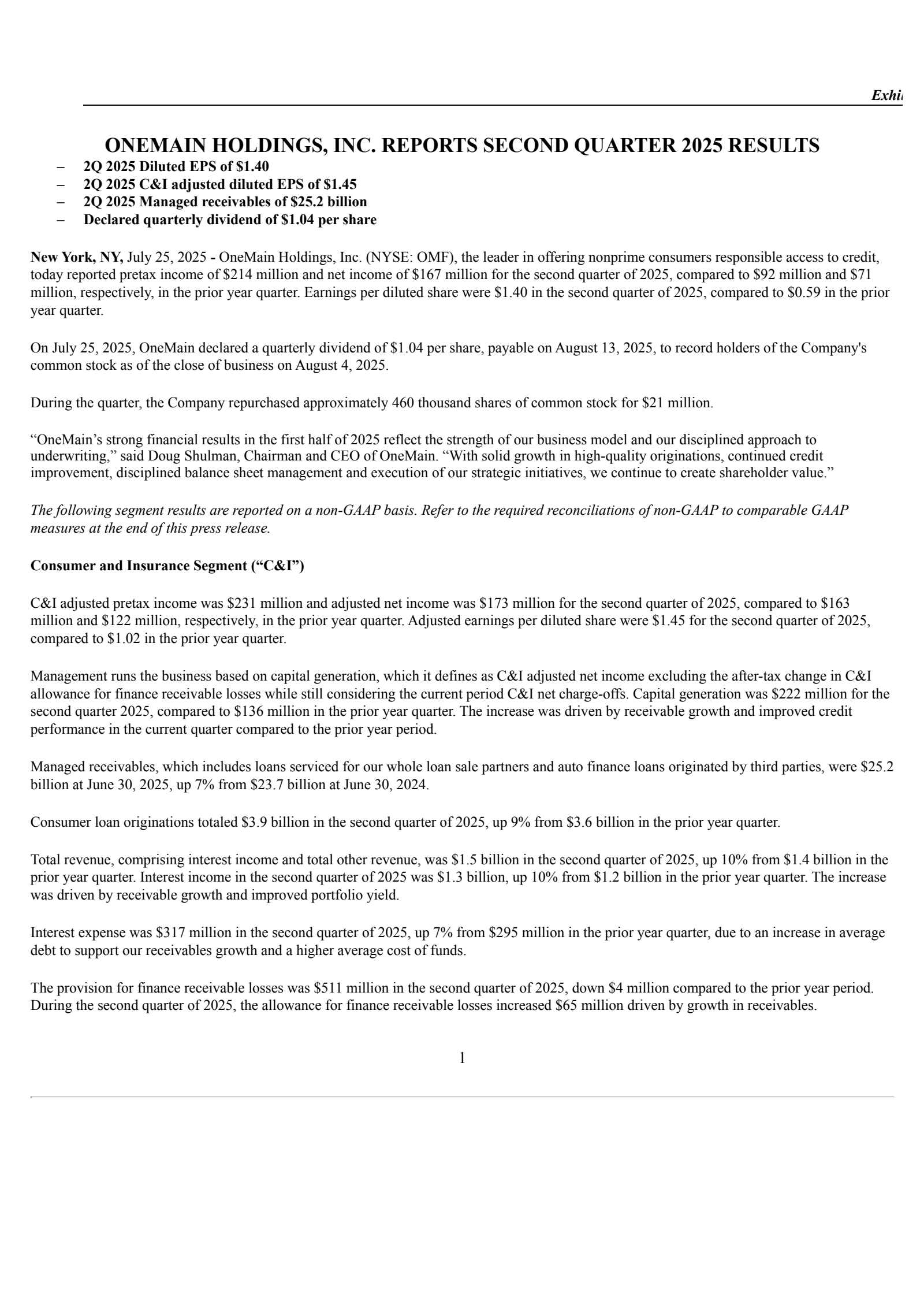 OneMain's Q2 2025 Press Release