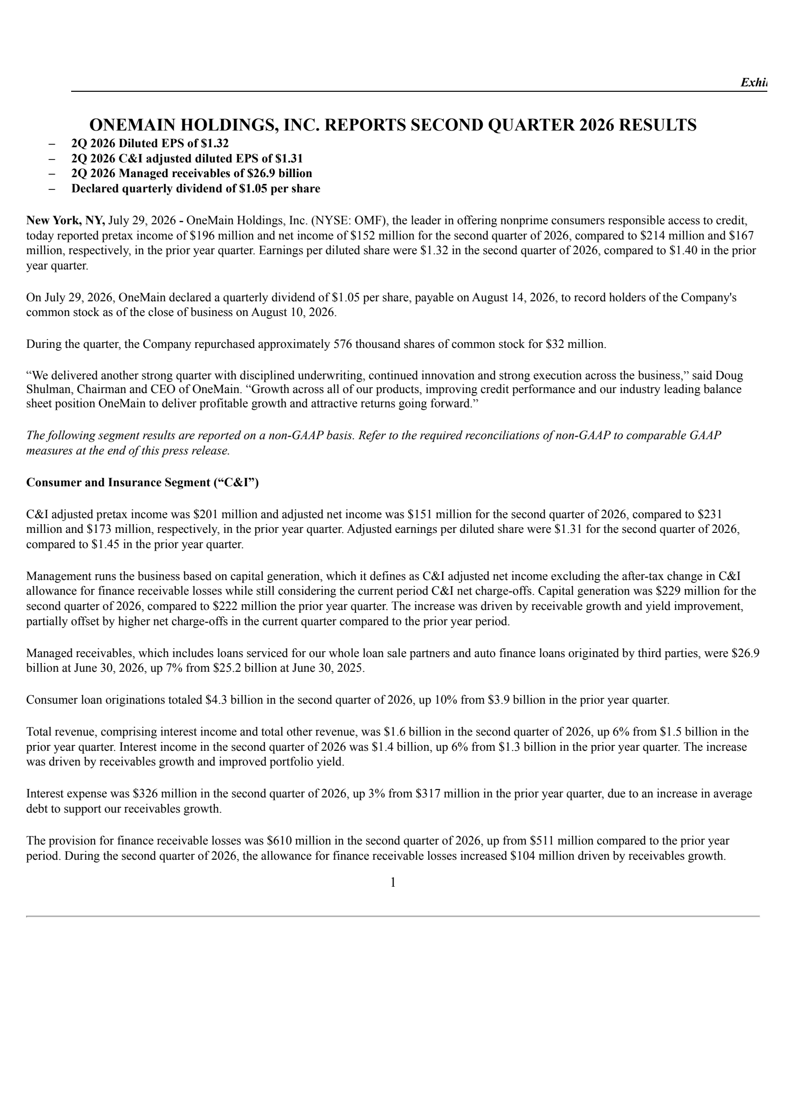 OneMain's Q2 2026 Press Release