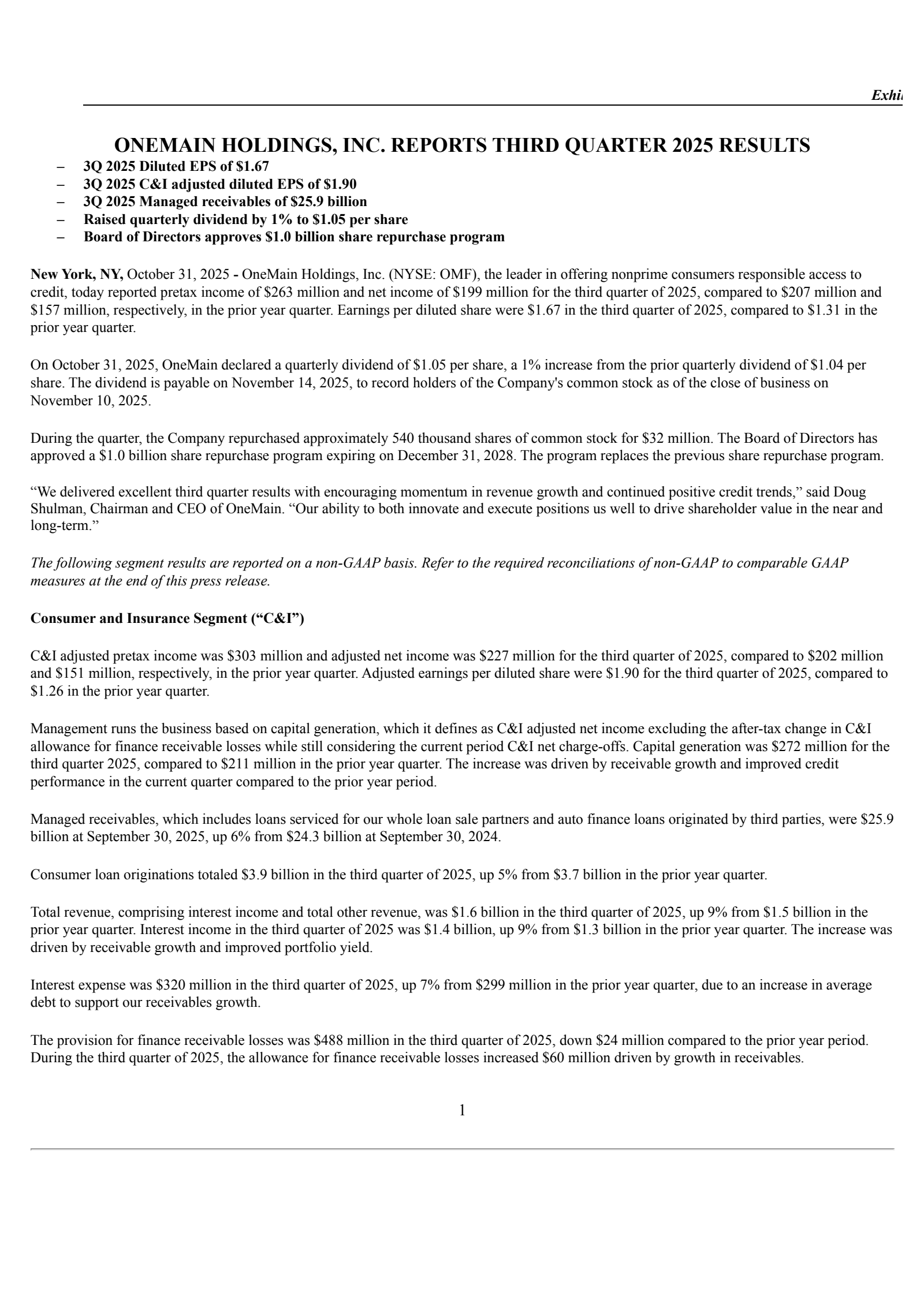 OneMain's Q3 2025 Earnings Release