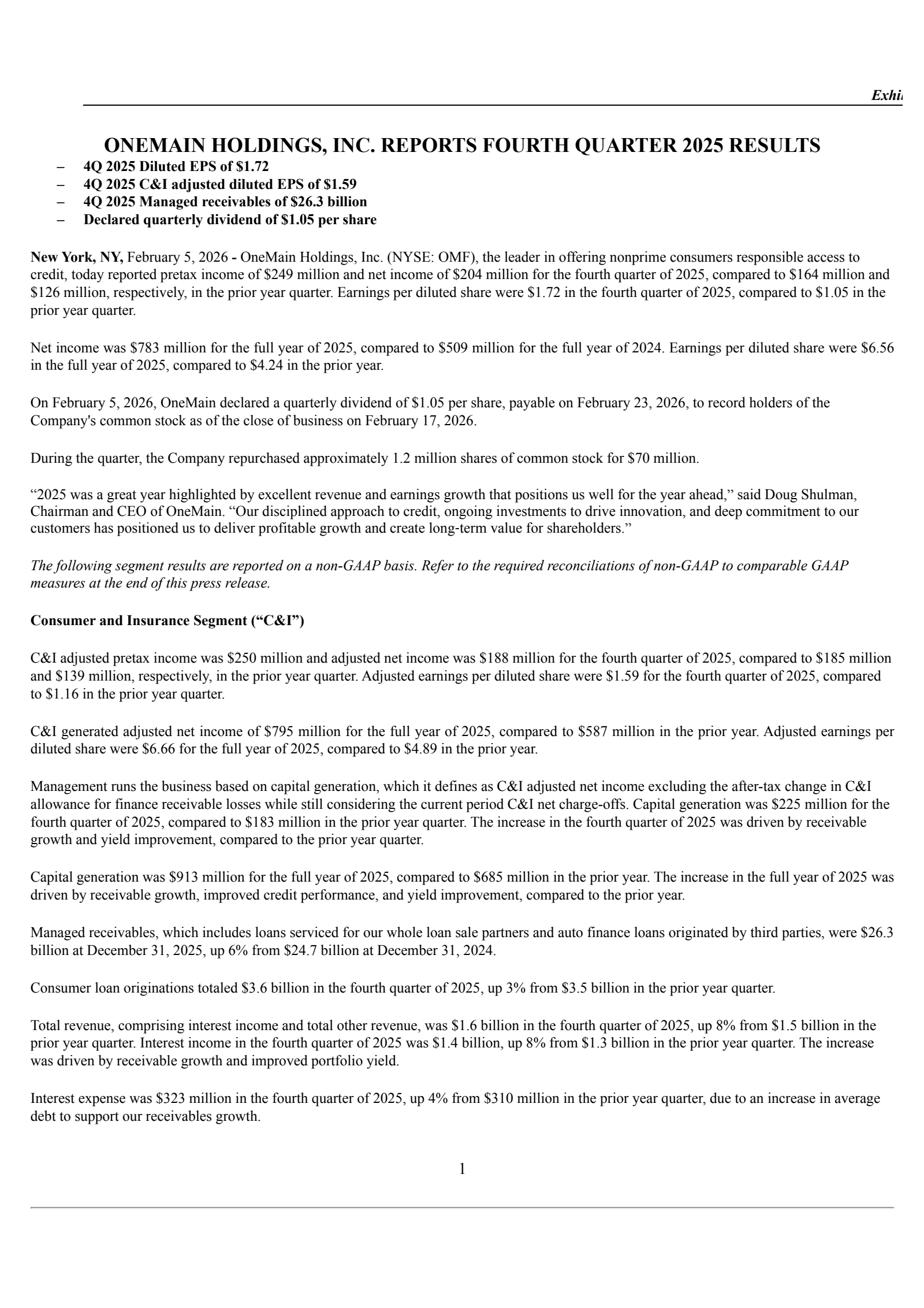 OneMain's Q4 2025 Press Release