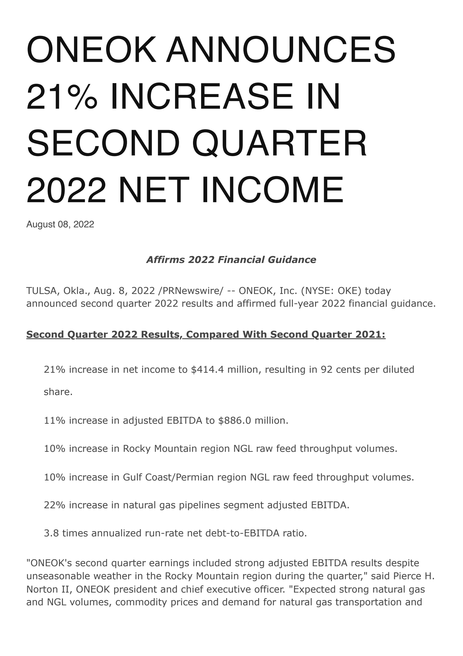 ONEOK's Q2 2022 Earnings Release