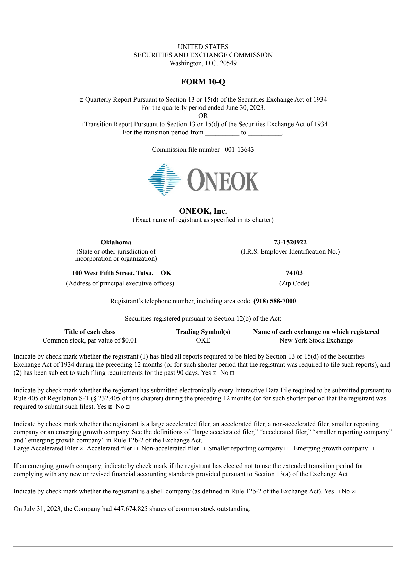 ONEOK's Q2 2023 Quarterly report