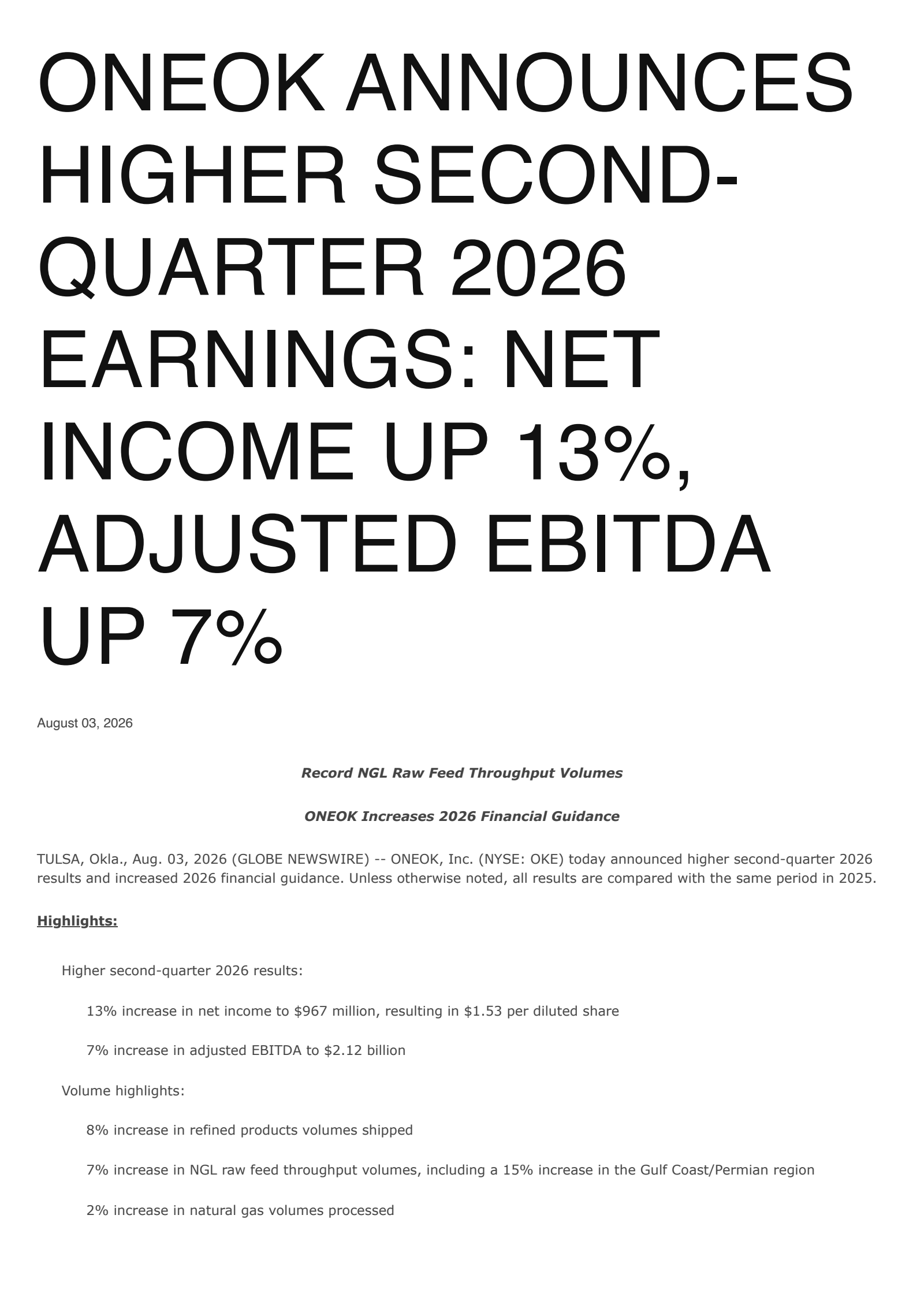 ONEOK's Q2 2026 Press Release