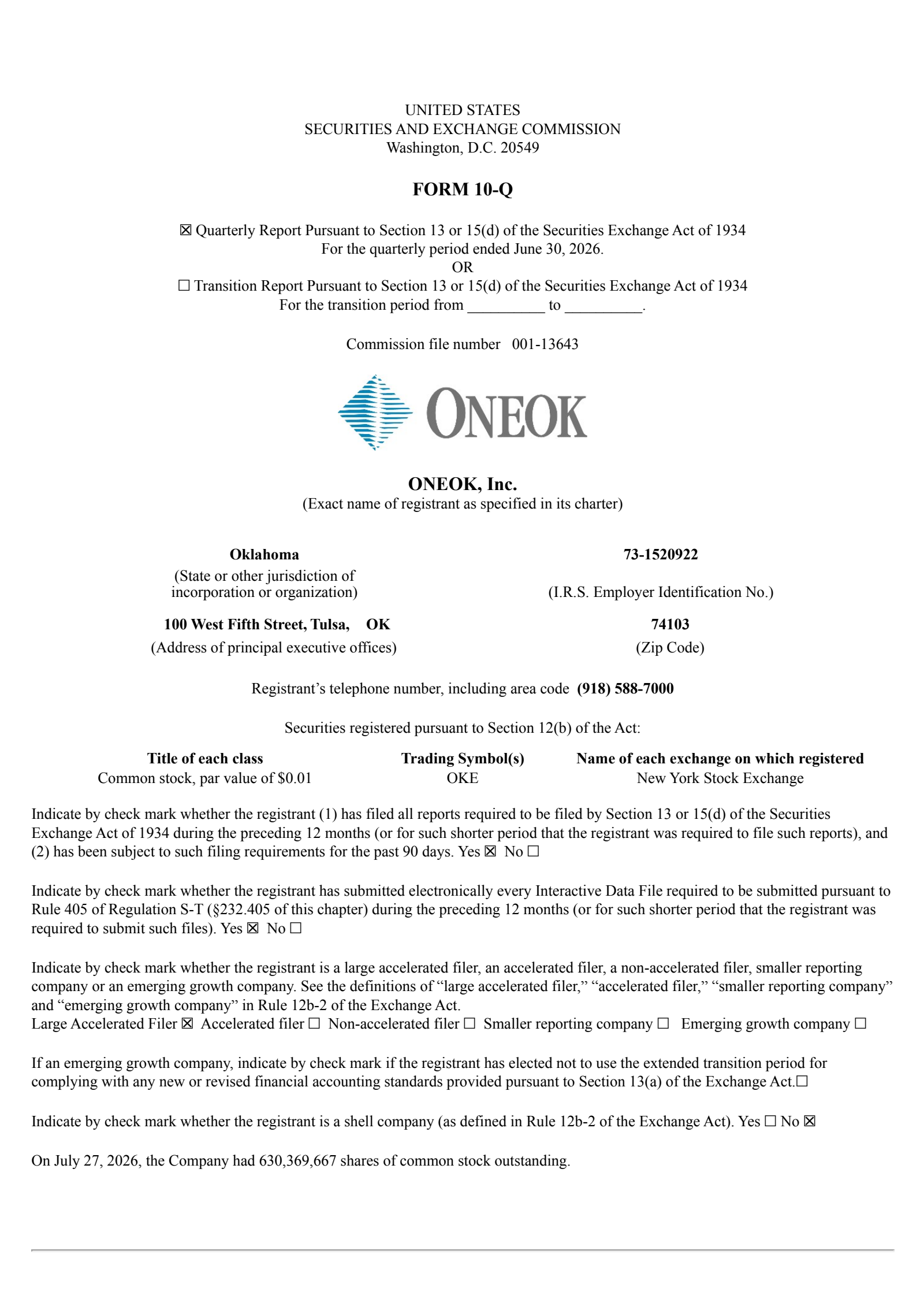 ONEOK's Q2 2026 Quarterly report