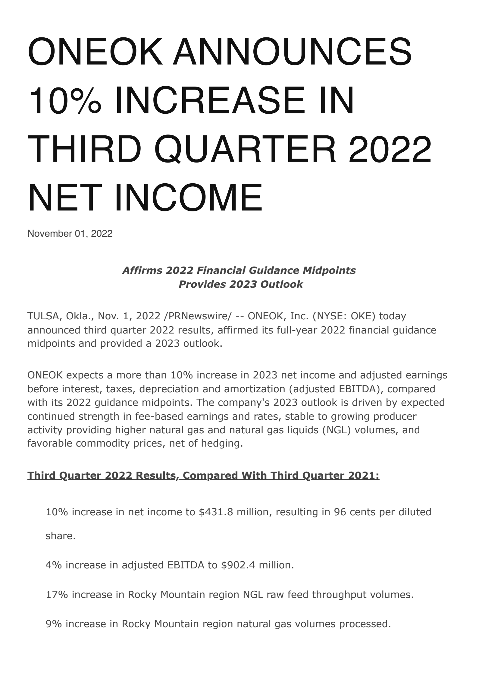 ONEOK's Q3 2022 Earnings Release