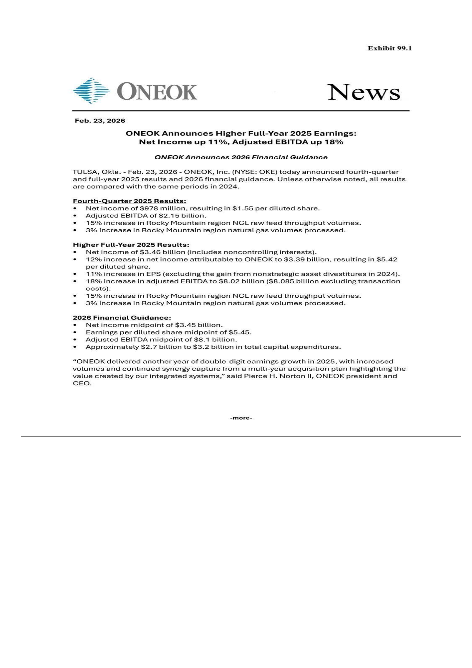 ONEOK's Q4 2025 Press Release