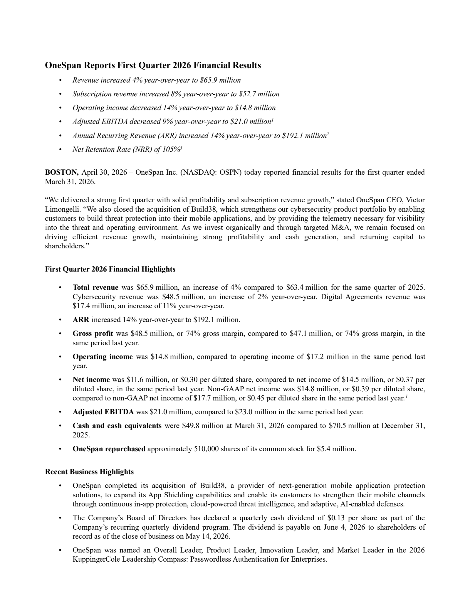 Onespan's Q1 2026 Press Release