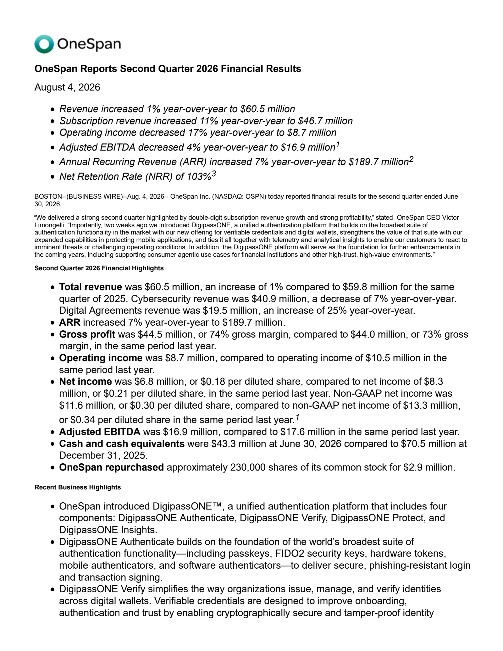 Onespan's Q2 2026 Press Release
