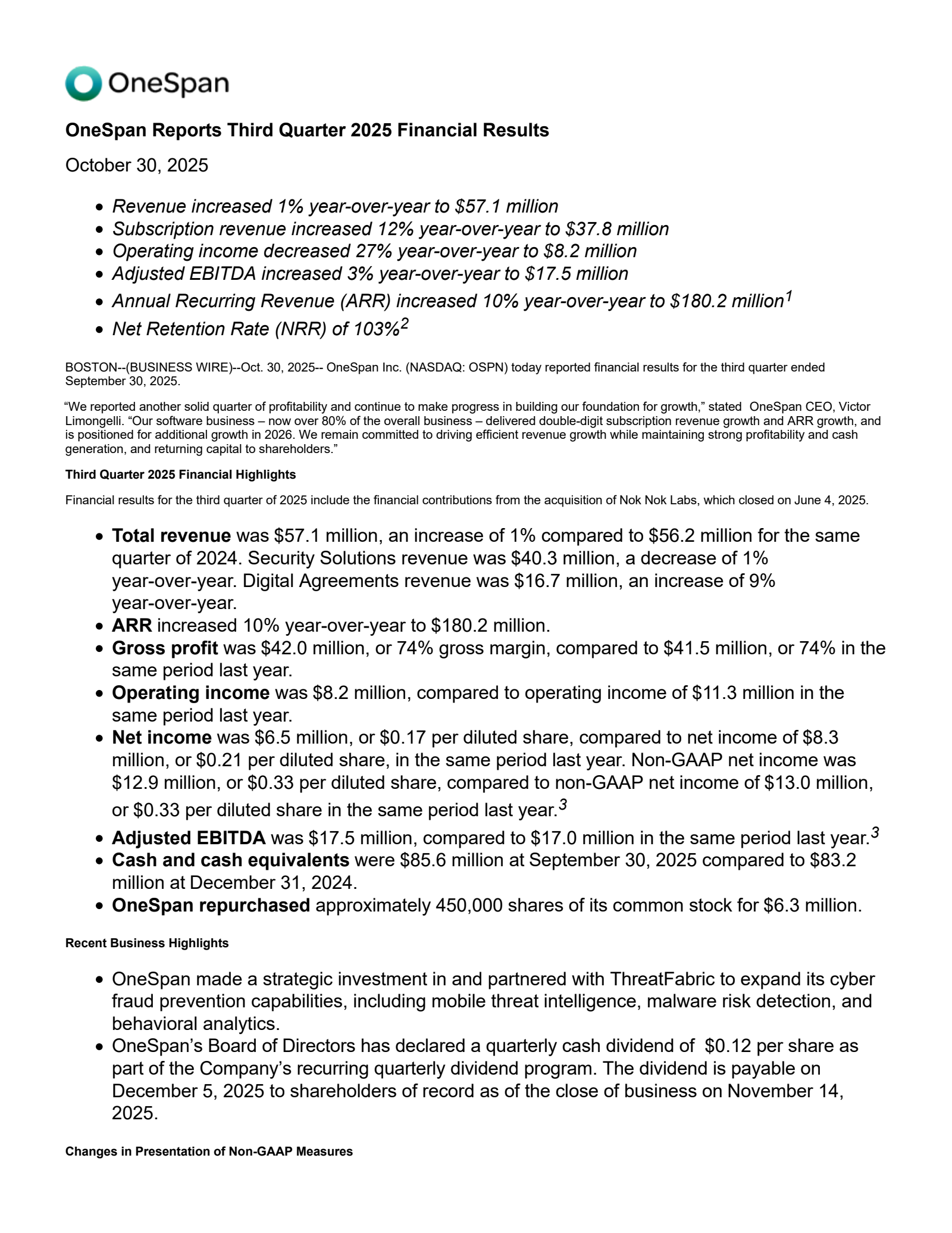 Onespan's Q3 2025 Earnings Release