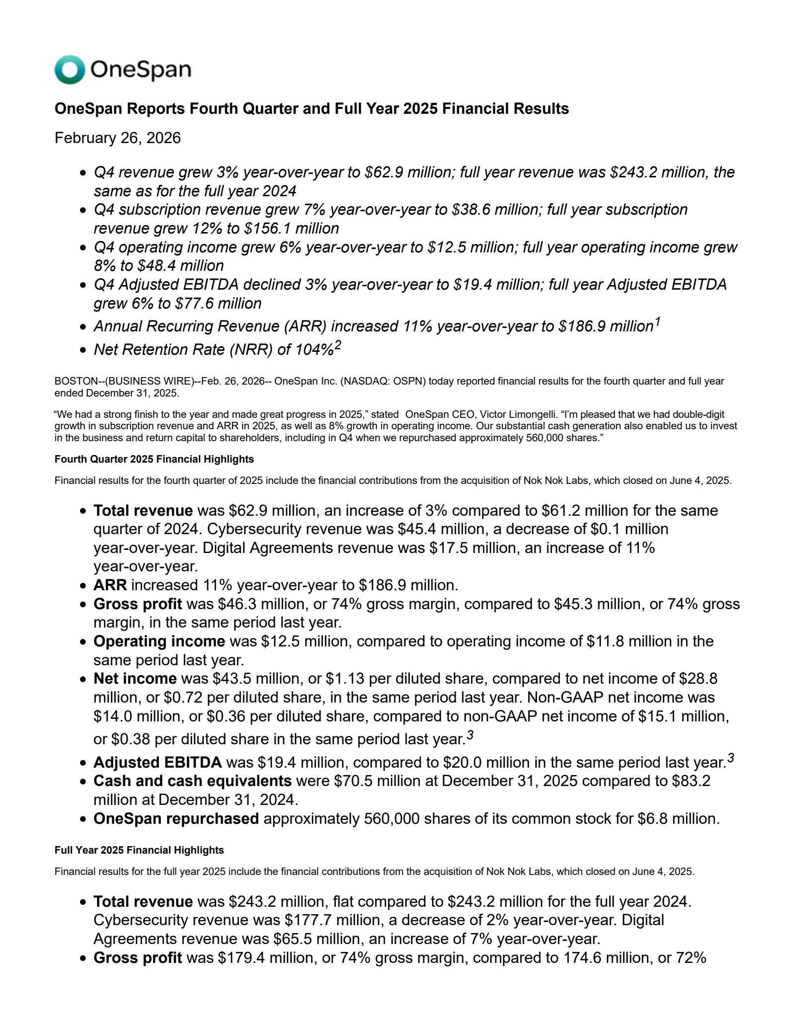 Onespan's Q4 2025 Press Release
