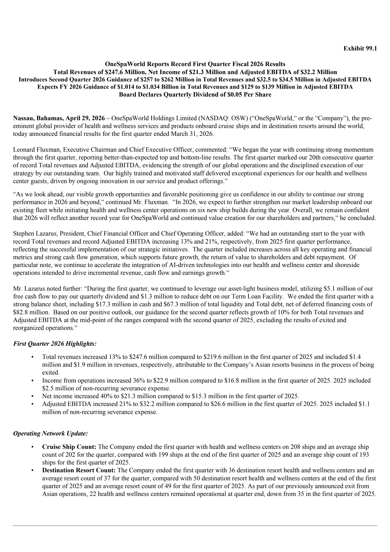 OneSpaWorld's Q1 2026 Press Release