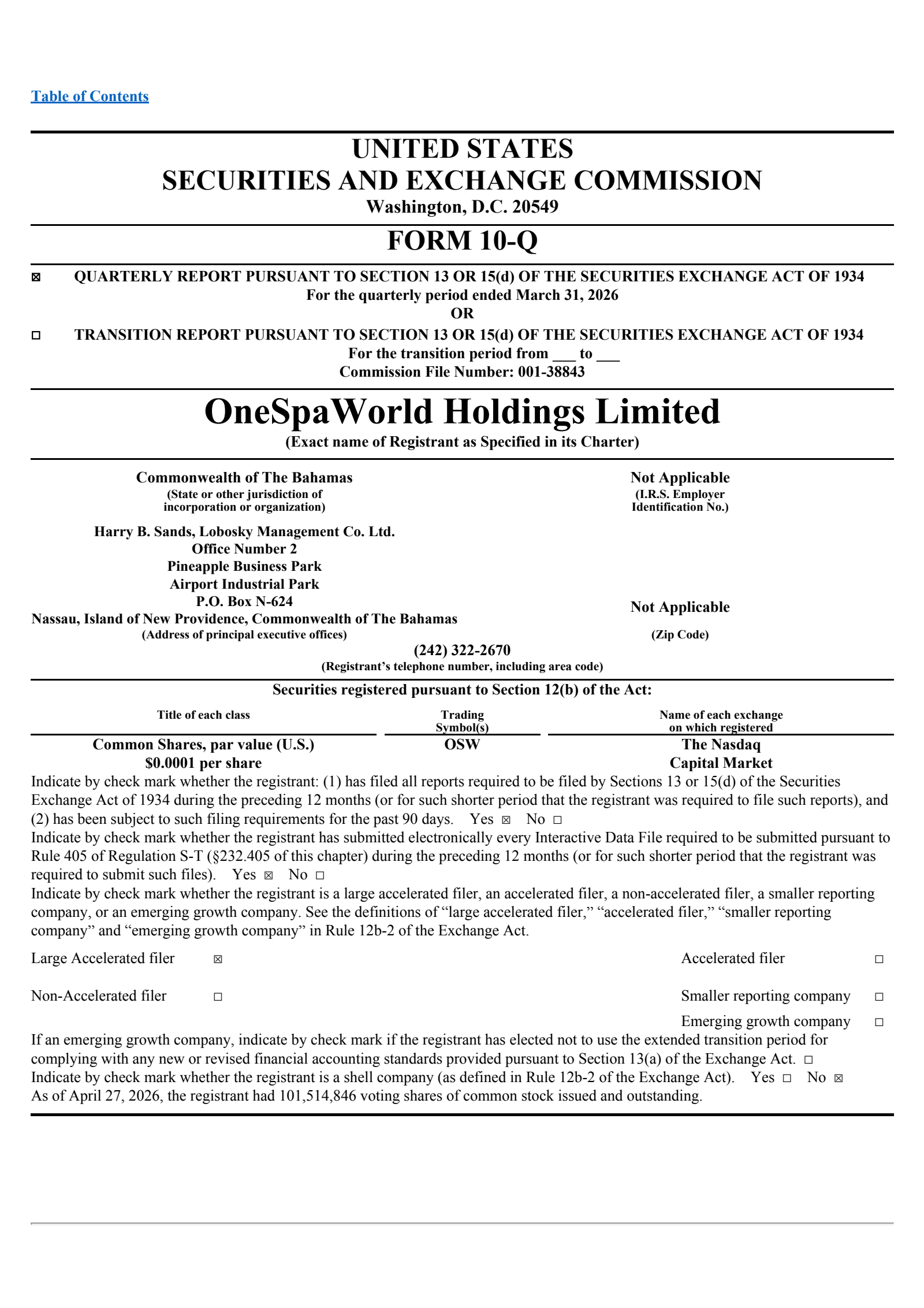 OneSpaWorld's Q1 2026 Quarterly report