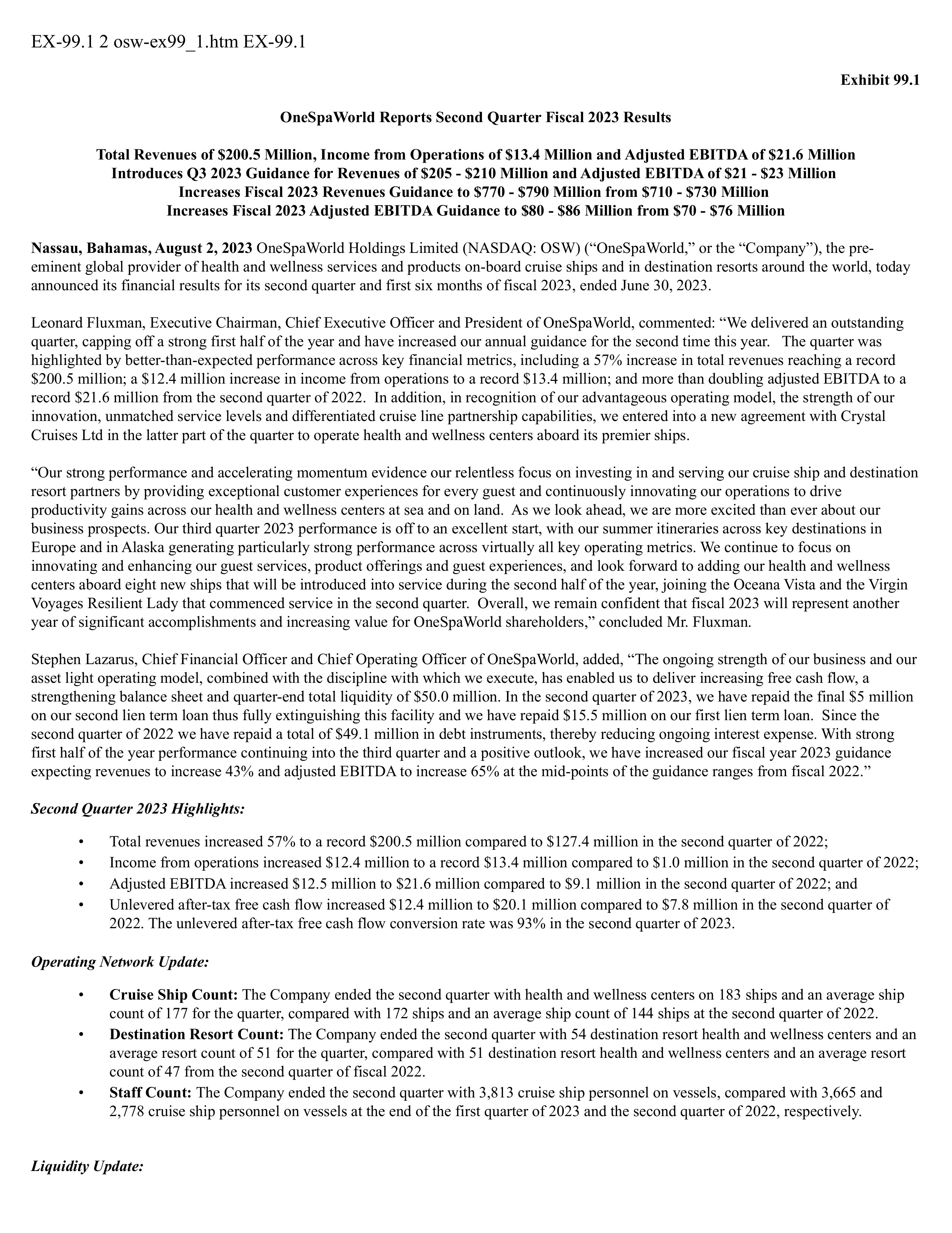 OneSpaWorld's Q2 2023 Press Release