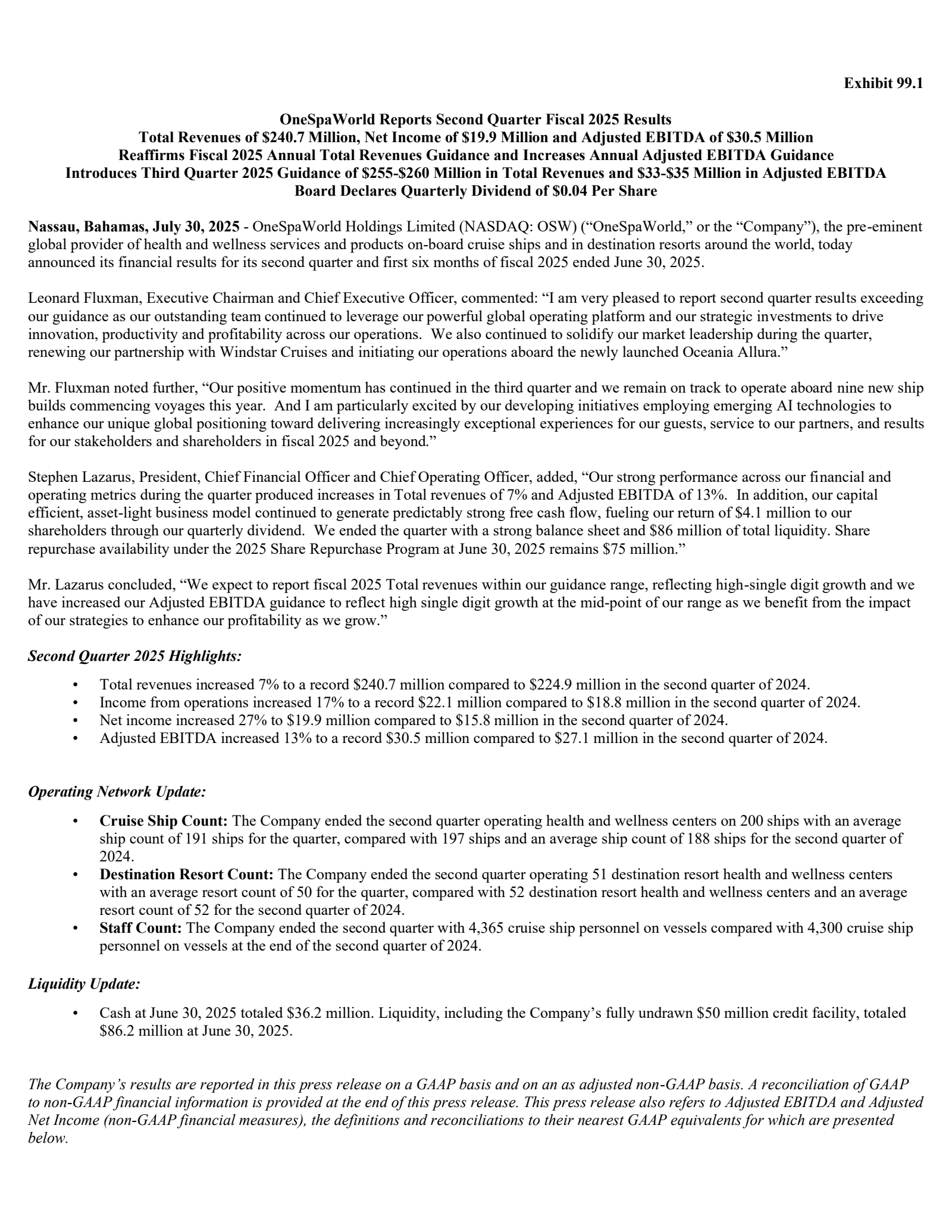 OneSpaWorld's Q2 2025 Press Release
