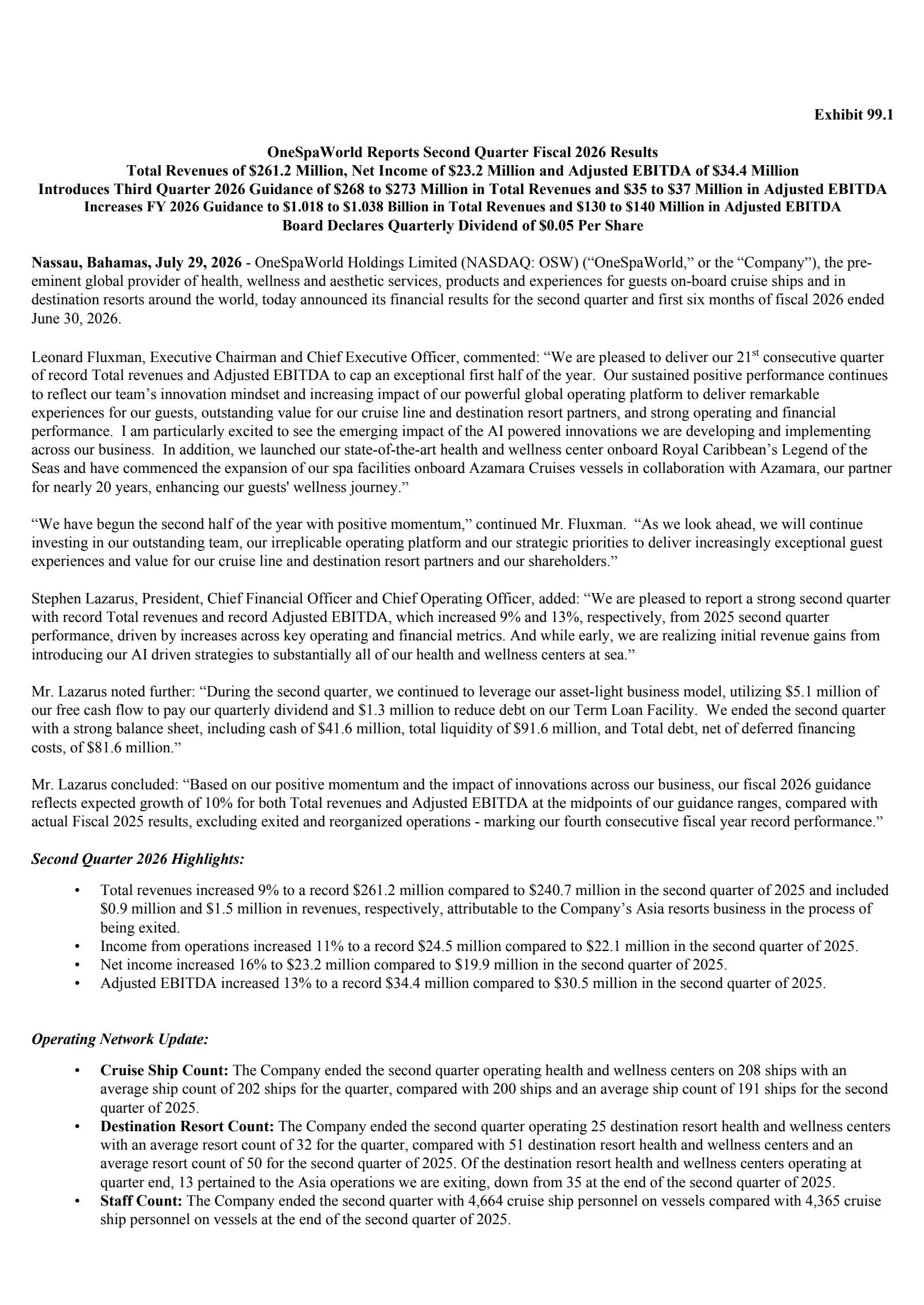 OneSpaWorld's Q2 2026 Press Release