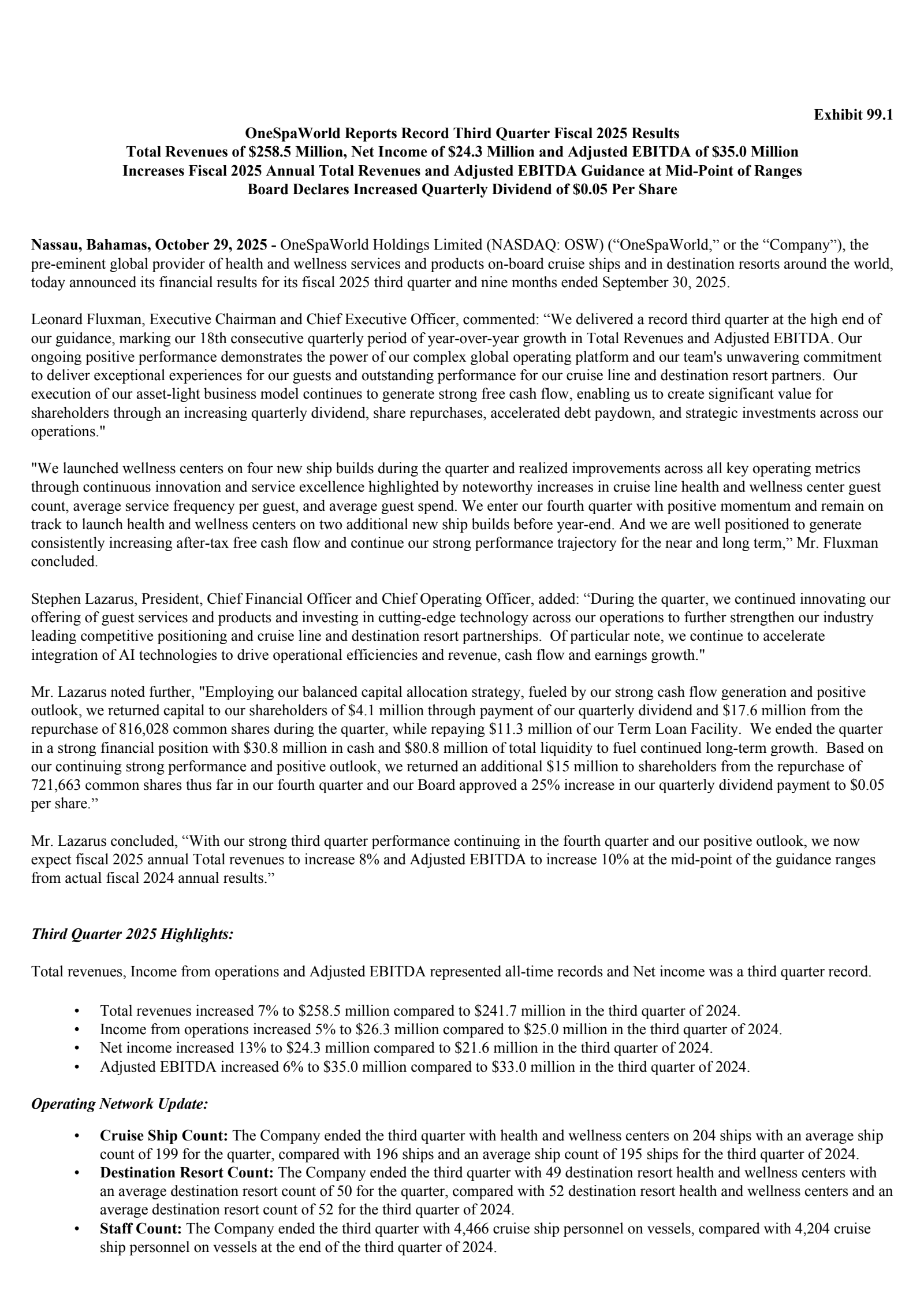 OneSpaWorld's Q3 2025 Earnings Release