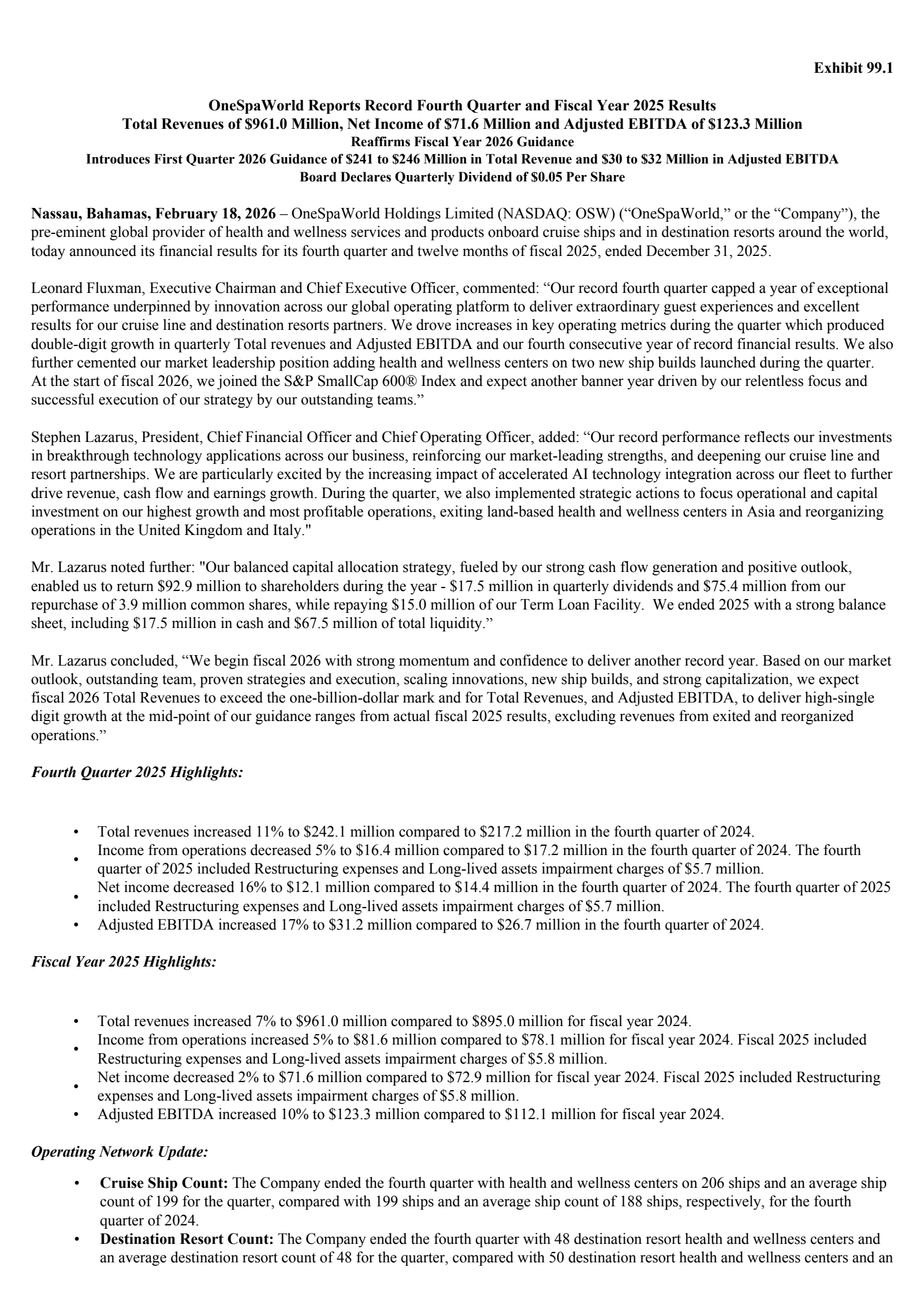 OneSpaWorld's Q4 2025 Press Release